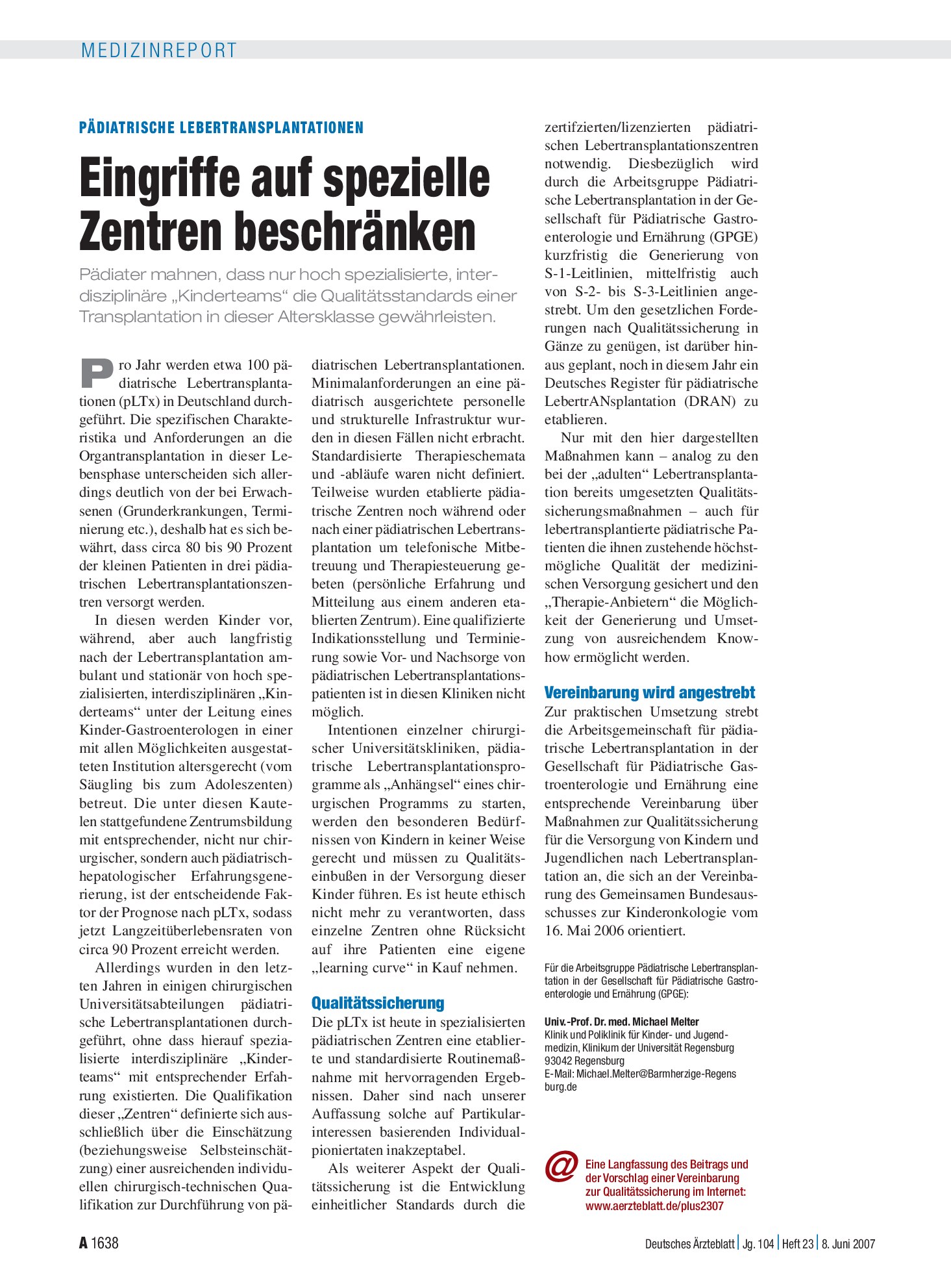 Vorschauseite 1: Pädiatrische Lebertransplantationen: Eingriffe auf spezielle Zentren beschränken – Deutsches Ärzteblatt