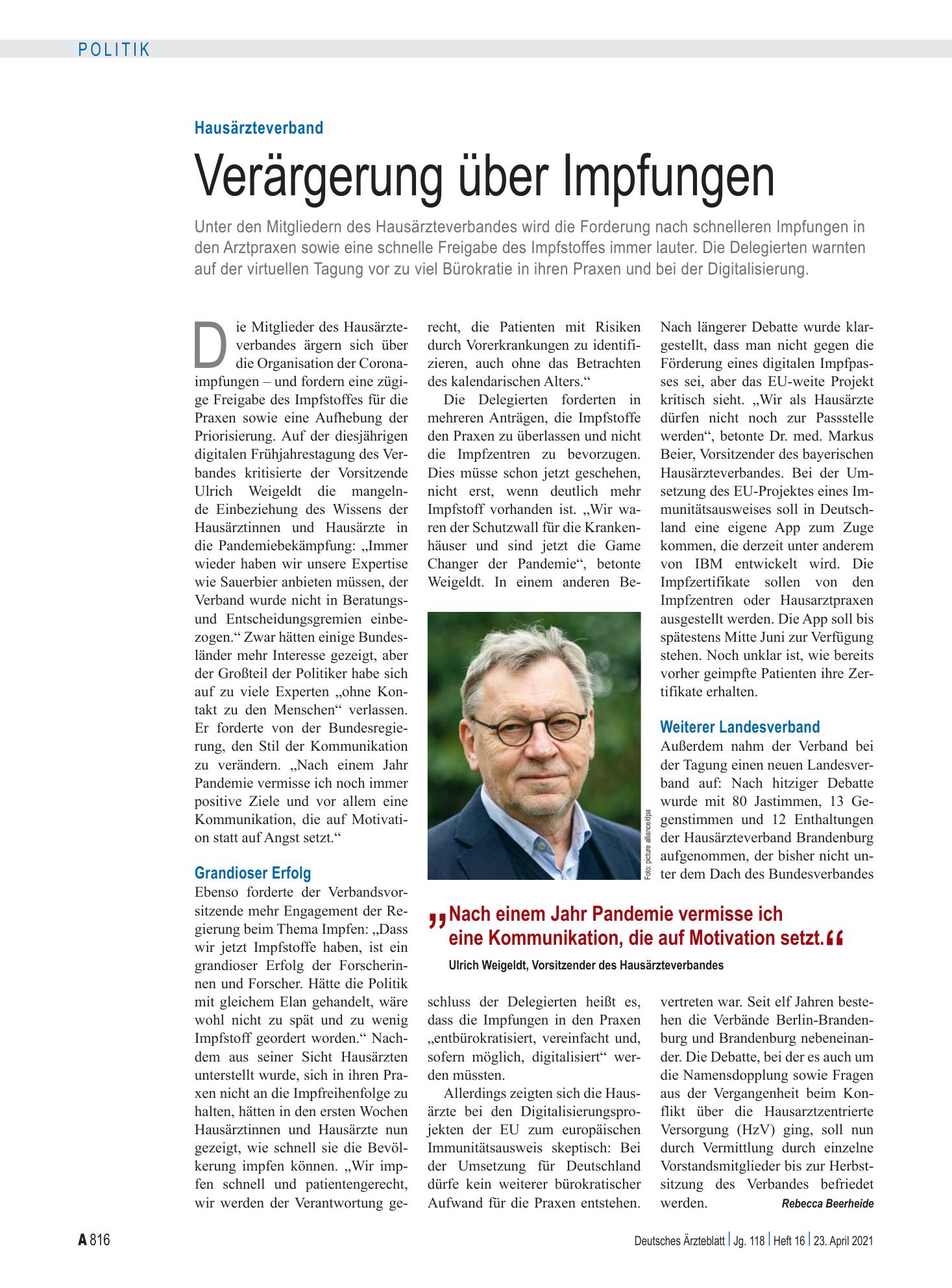 Vorschauseite 1: Hausärzteverband: Verärgerung über Impfungen – Deutsches Ärzteblatt