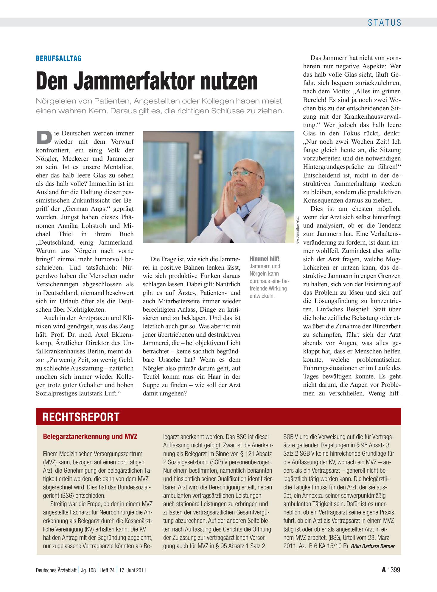 Vorschauseite 1: Berufsalltag: Den Jammerfaktor nutzen – Deutsches Ärzteblatt