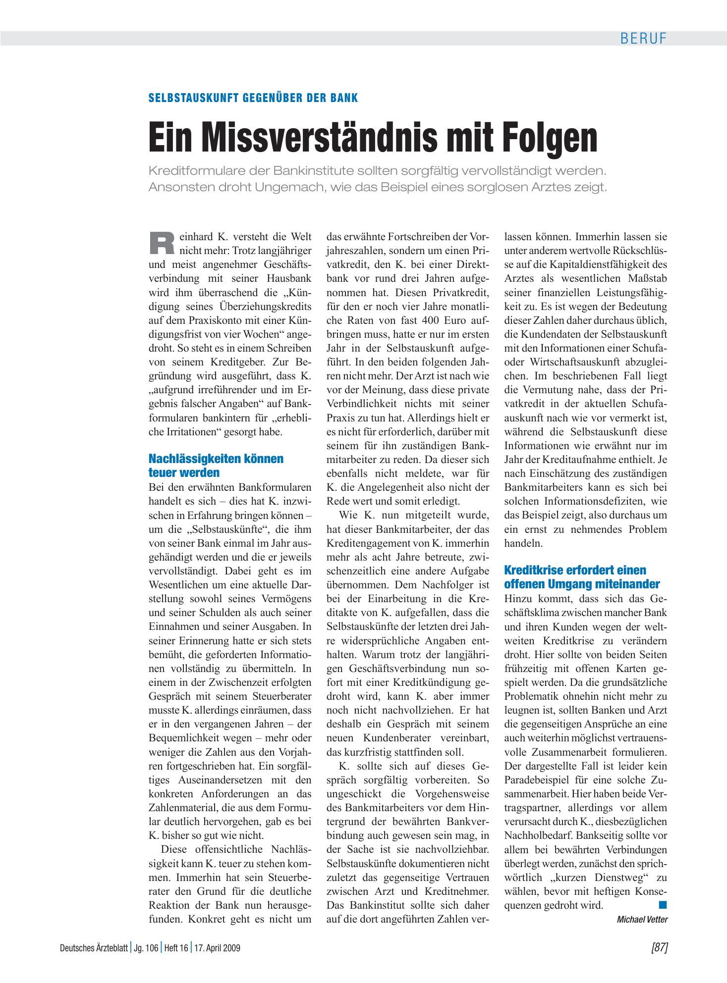 Vorschauseite 1: Selbstauskunft gegenüber der Bank: Ein Missverständnis mit Folgen – Deutsches Ärzteblatt