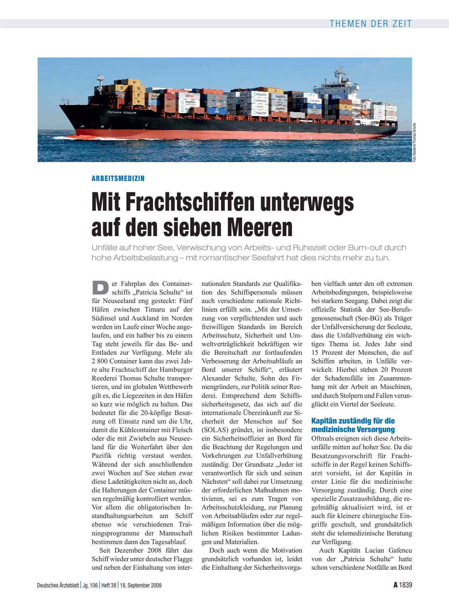 Vorschauseite 1: Arbeitsmedizin: Mit Frachtschiffen unterwegs auf den sieben Meeren – Deutsches Ärzteblatt