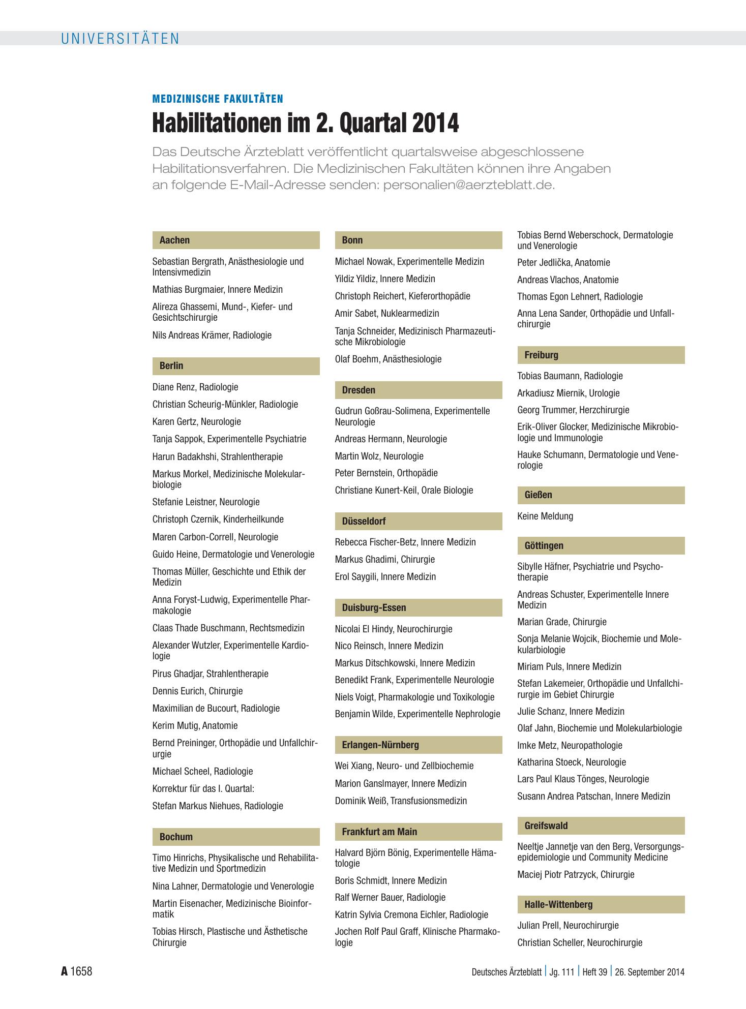 Vorschauseite 1: Medizinische Fakultäten: Habilitationen im 2. Quartal 2014 – Deutsches Ärzteblatt