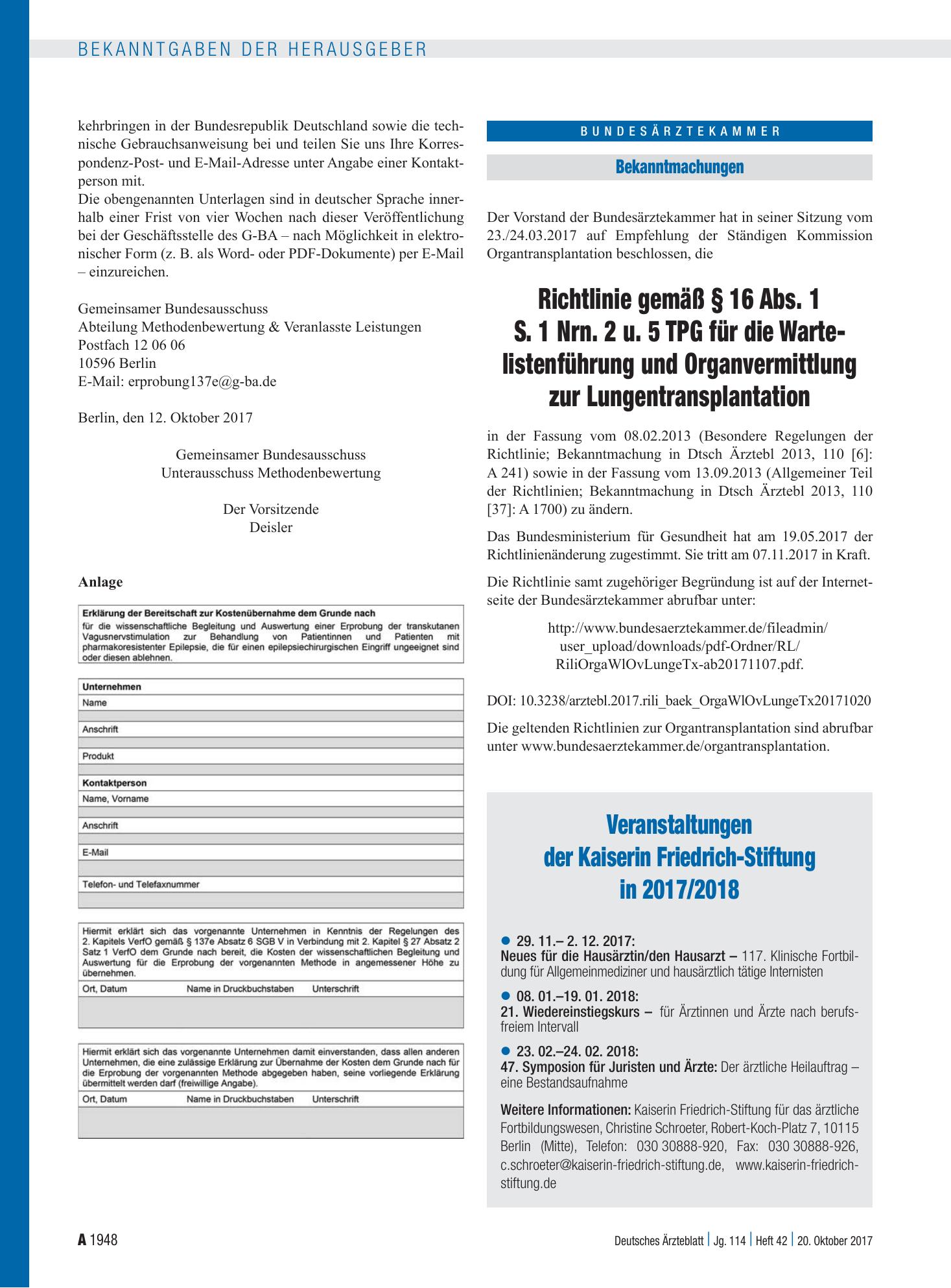 Vorschauseite 1: Veranstaltungen der Kaiserin Friedrich-Stiftung in 2017/2018 – Deutsches Ärzteblatt