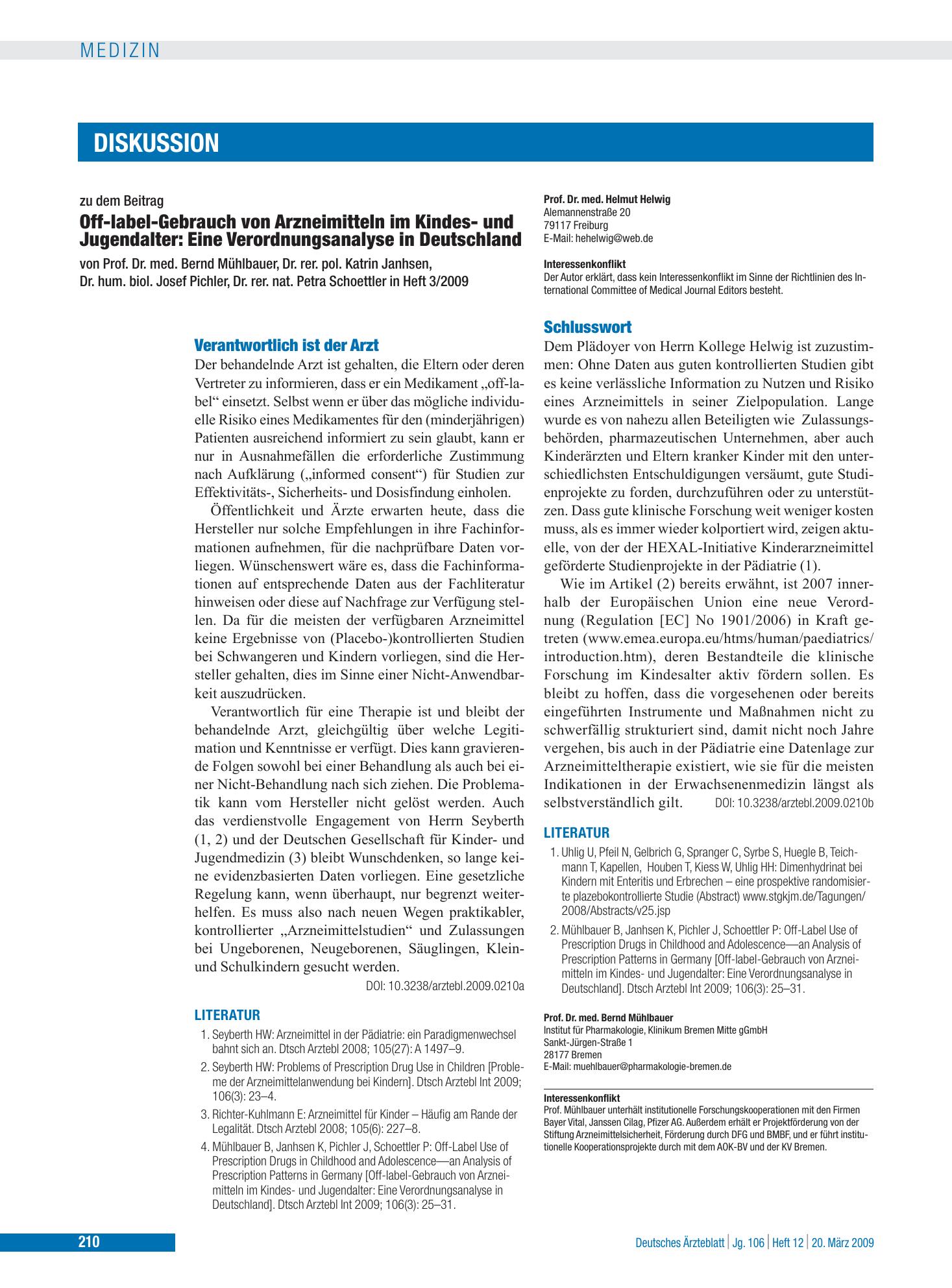Vorschauseite 1: Off-label-Gebrauch von Arzneimitteln im Kindes- und Jugendalter – Eine Verordnungsanalyse in Deutschland: Schlusswort – Deutsches Ärzteblatt