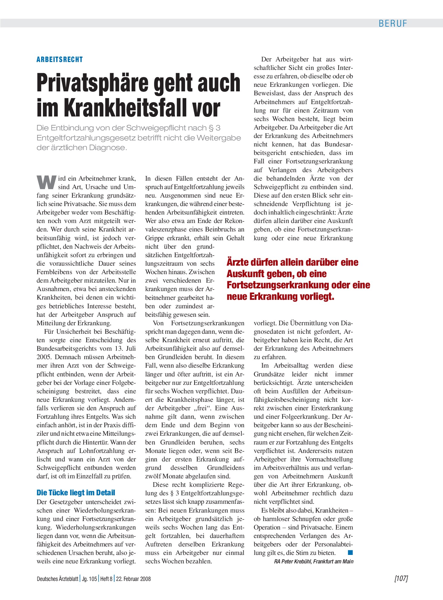 Vorschauseite 1: Arbeitsrecht: Privatsphäre geht auch im Krankheitsfall vor – Deutsches Ärzteblatt