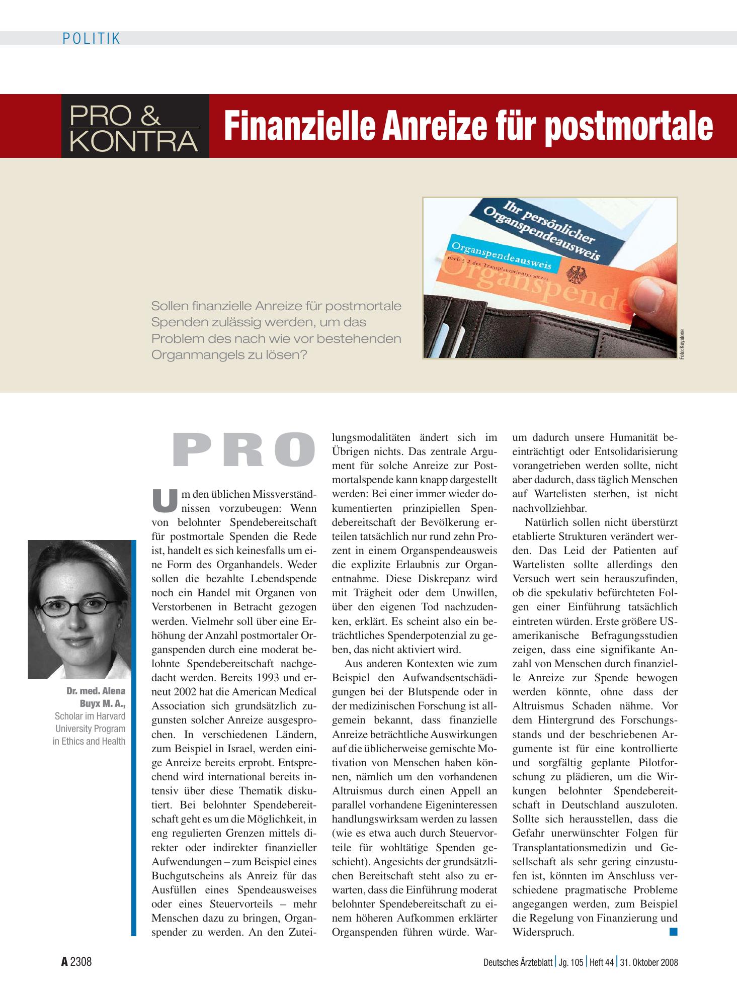 Vorschauseite 1: Pro & Kontra: Finanzielle Anreize für postmortale Organspenden – Deutsches Ärzteblatt