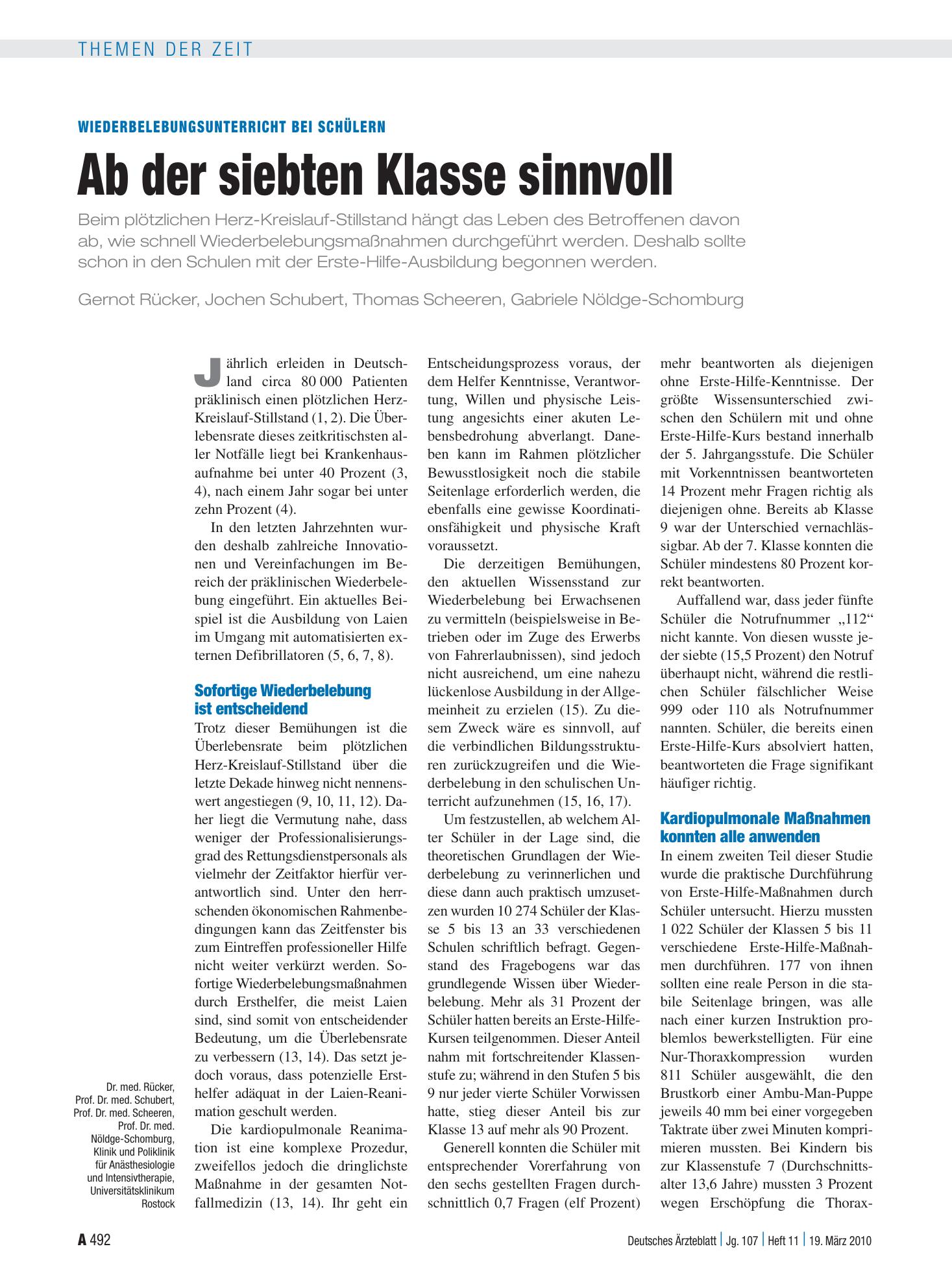 Vorschauseite 1: Wiederbelebungsunterricht bei Schülern: Ab der siebten Klasse sinnvoll – Deutsches Ärzteblatt
