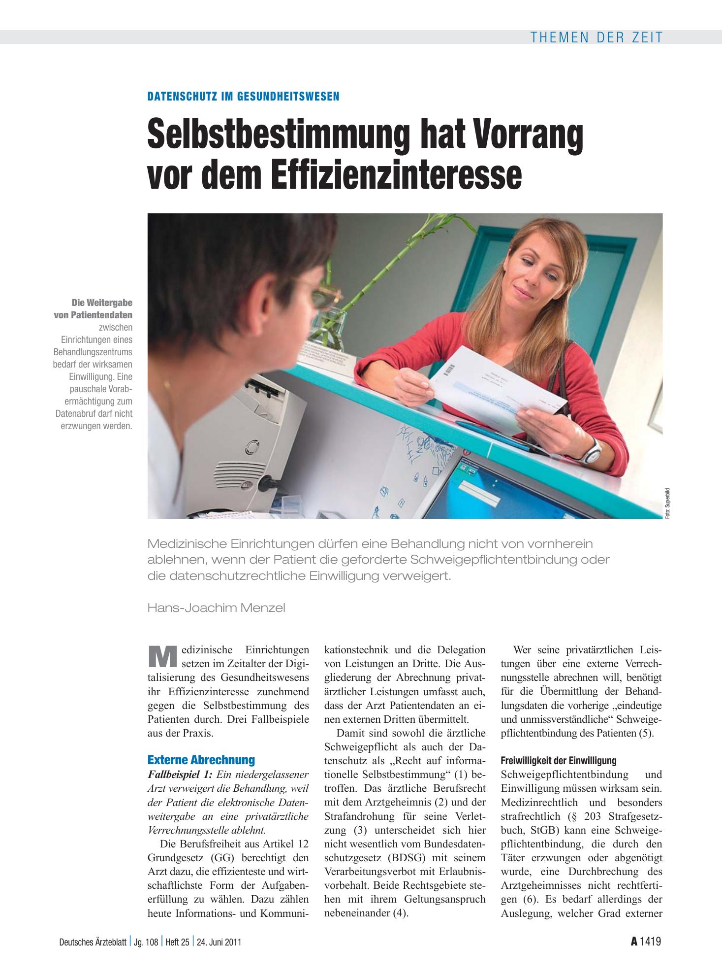 Vorschauseite 1: Datenschutz im Gesundheitswesen: Selbstbestimmung hat Vorrang vor dem Effizienzinteresse – Deutsches Ärzteblatt