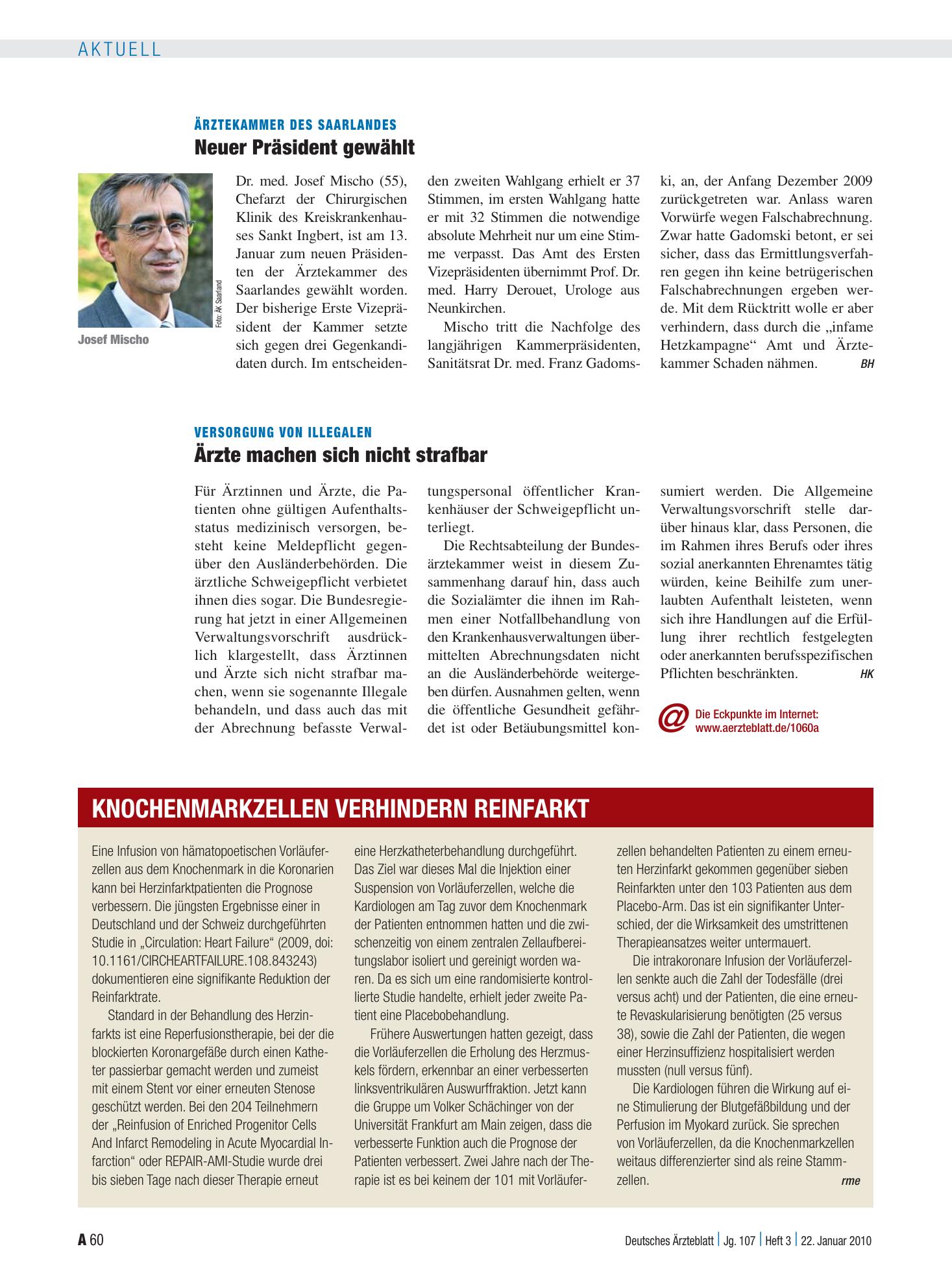 Vorschauseite 1: Knochenmarkzellen verhindern Reinfarkt – Deutsches Ärzteblatt