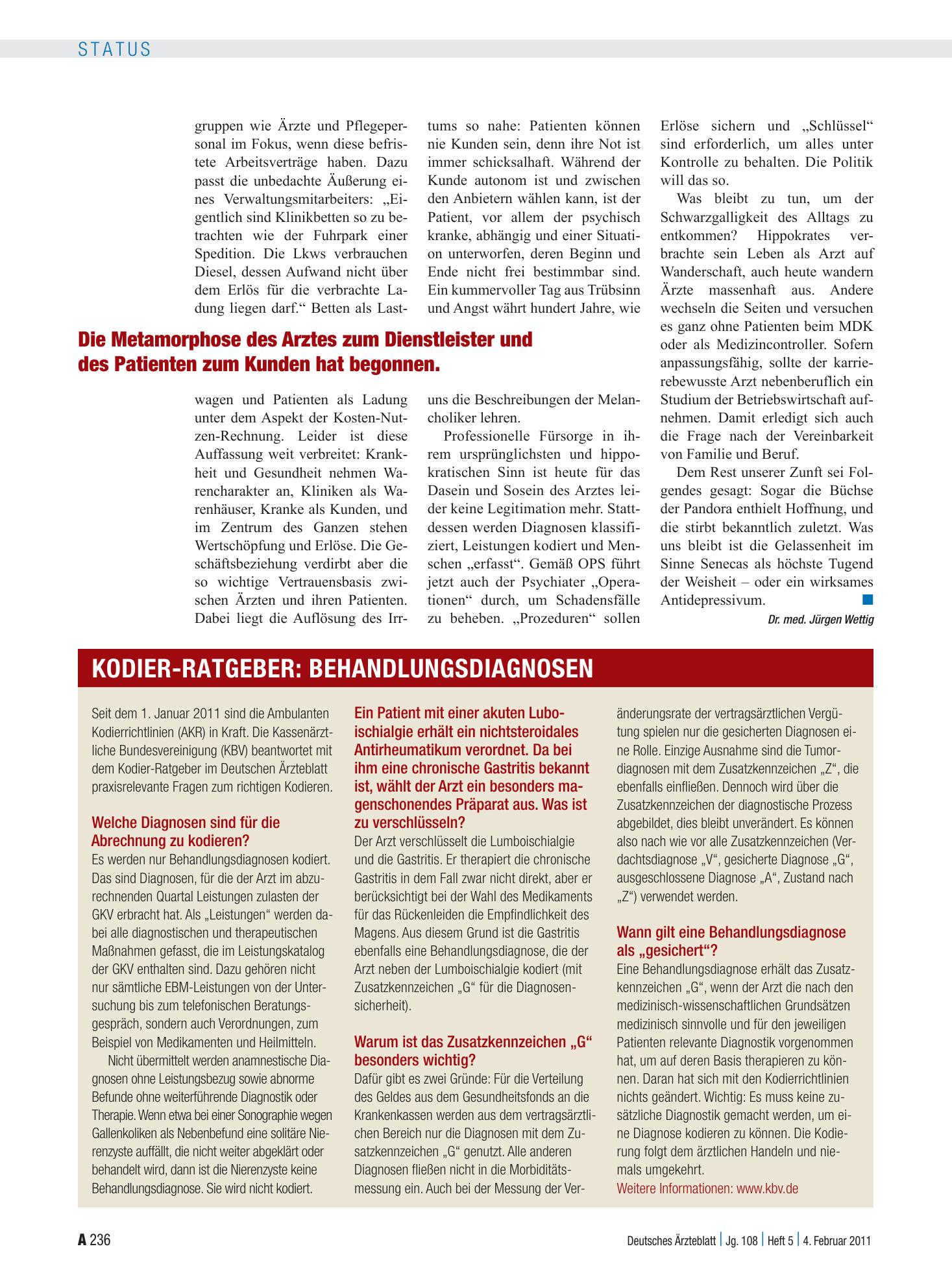 Vorschauseite 1: Behandlungsdiagnosen – Deutsches Ärzteblatt