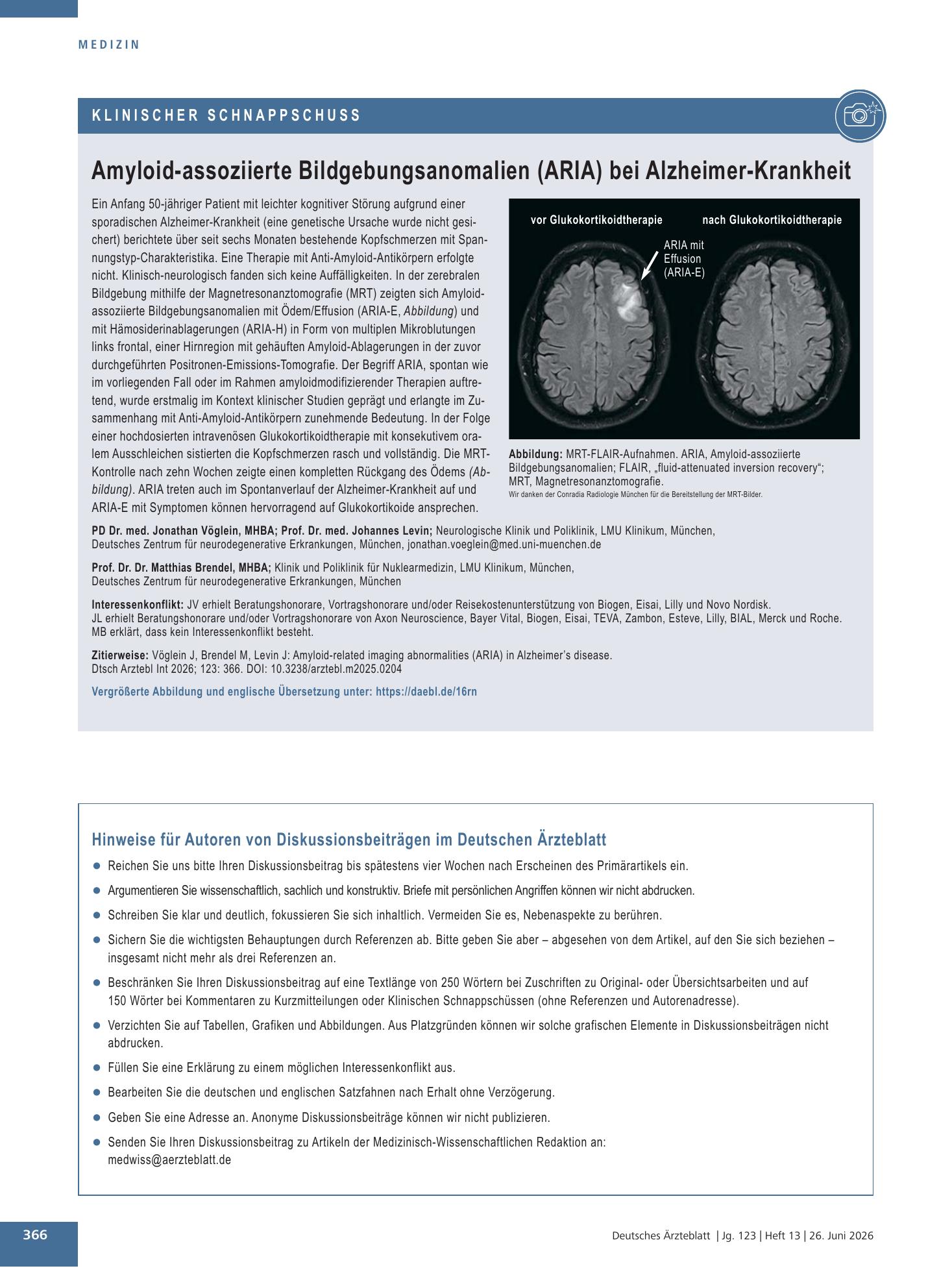 Vorschauseite 1: Amyloid-assoziierte Bildgebungsanomalien (ARIA) bei Alzheimer-Krankheit – Deutsches Ärzteblatt