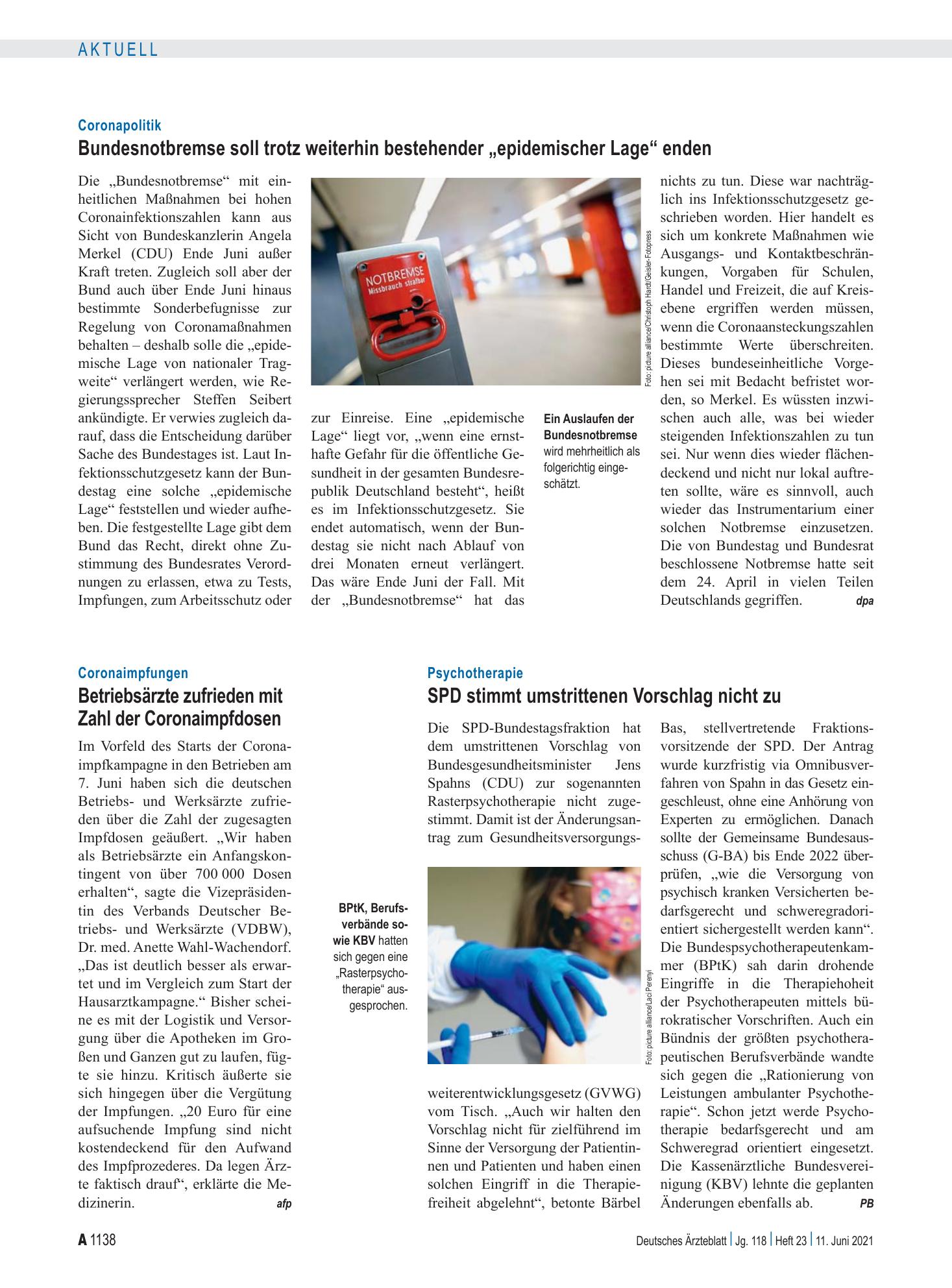 Vorschauseite 1: Coronapolitik: Bundesnotbremse soll trotz weiterhin bestehender „epidemischer Lage“ enden – Deutsches Ärzteblatt