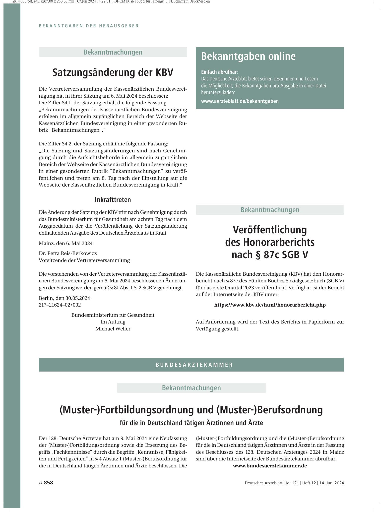 Vorschauseite 1: Satzungsänderung der KBV – Deutsches Ärzteblatt