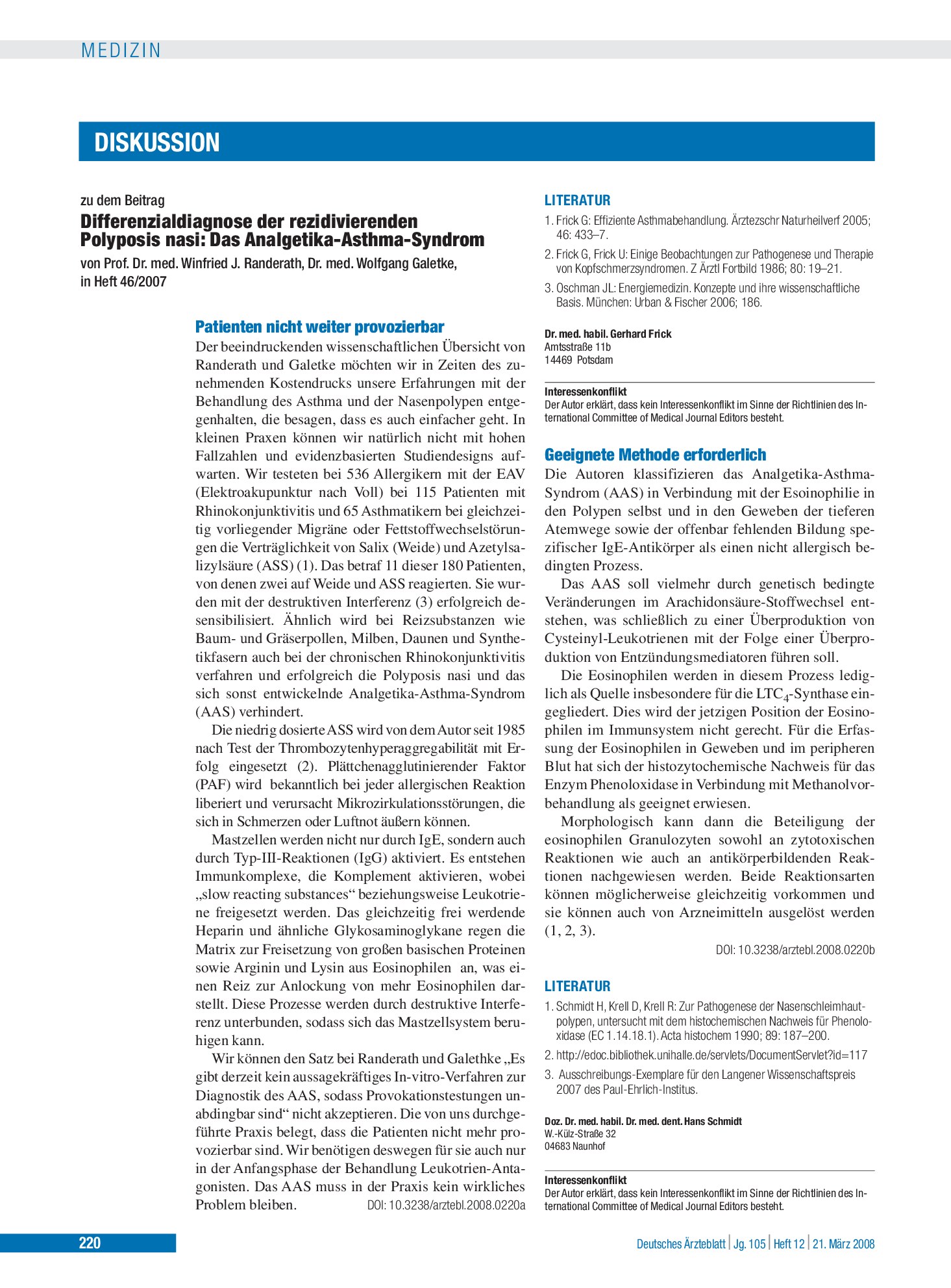 Vorschauseite 1: Differenzialdiagnose der rezidivierenden Polyposis nasi: Das Analgetika-Asthma-Syndrom: Schlusswort – Deutsches Ärzteblatt