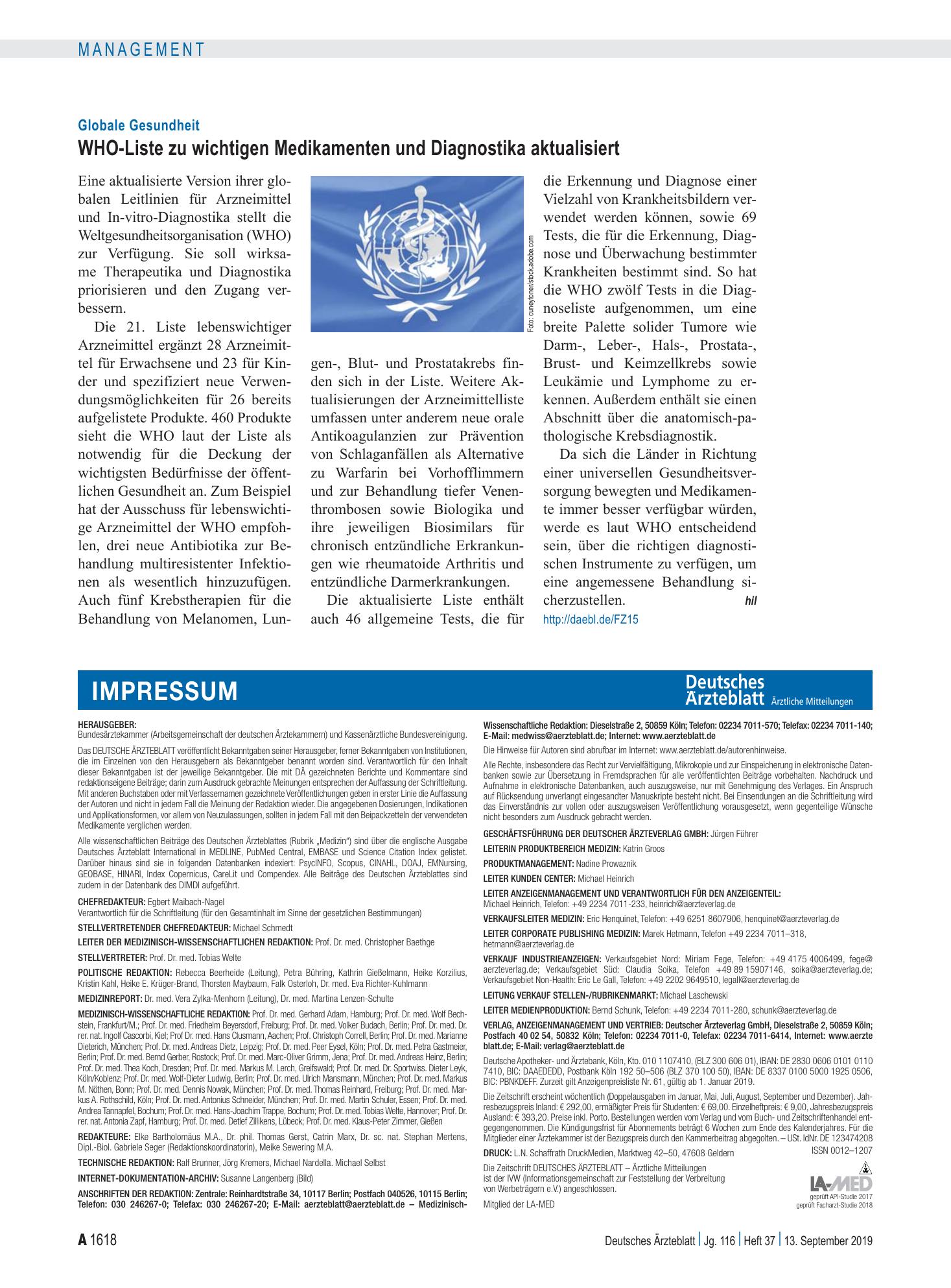 Vorschauseite 1: Globale Gesundheit: WHO-Liste zu wichtigen Medikamenten und Diagnostika aktualisiert – Deutsches Ärzteblatt