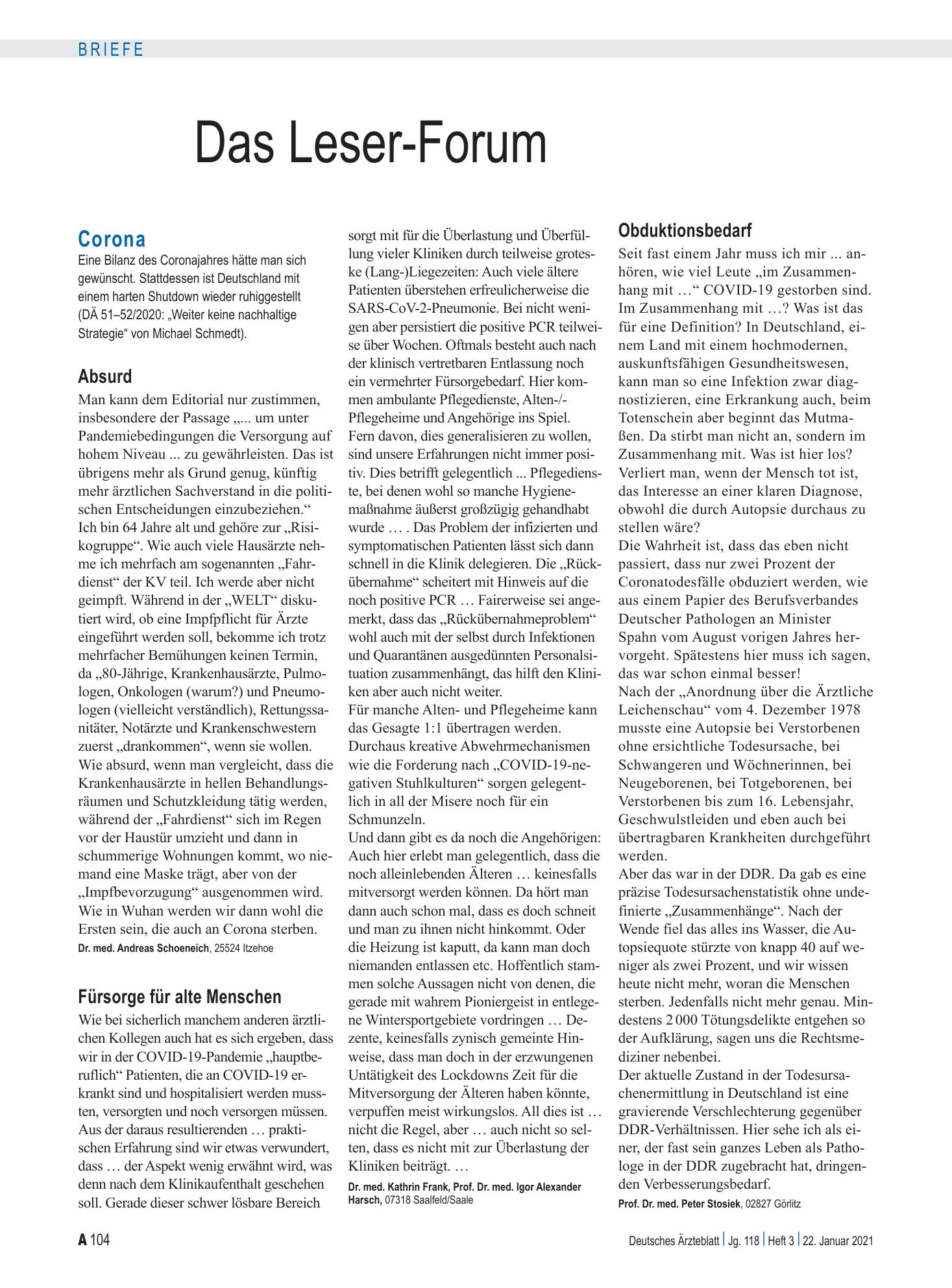 Vorschauseite 1: Corona: Absurd – Deutsches Ärzteblatt