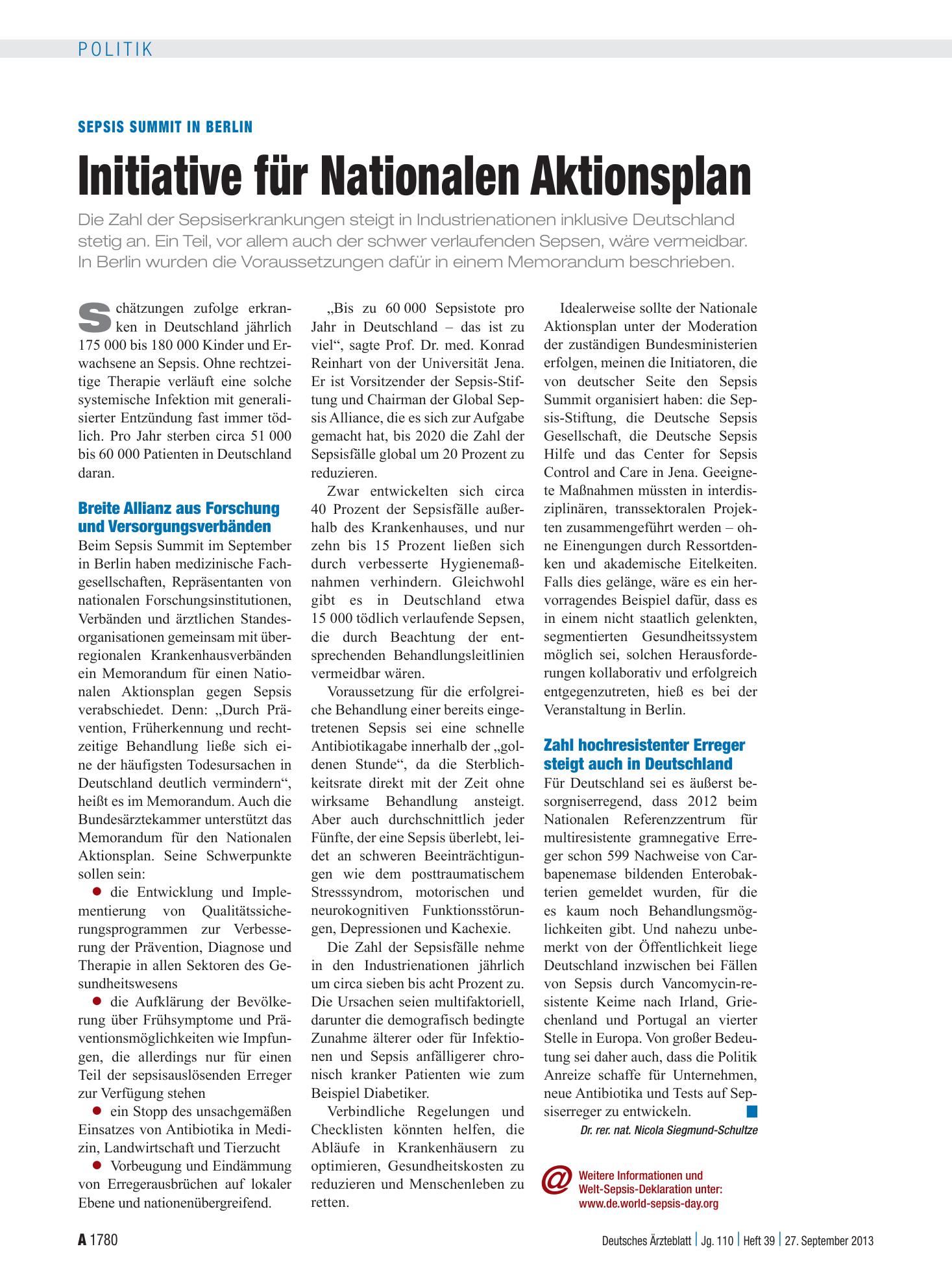 Vorschauseite 1: Sepsis Summit in Berlin: Initiative für Nationalen Aktionsplan – Deutsches Ärzteblatt