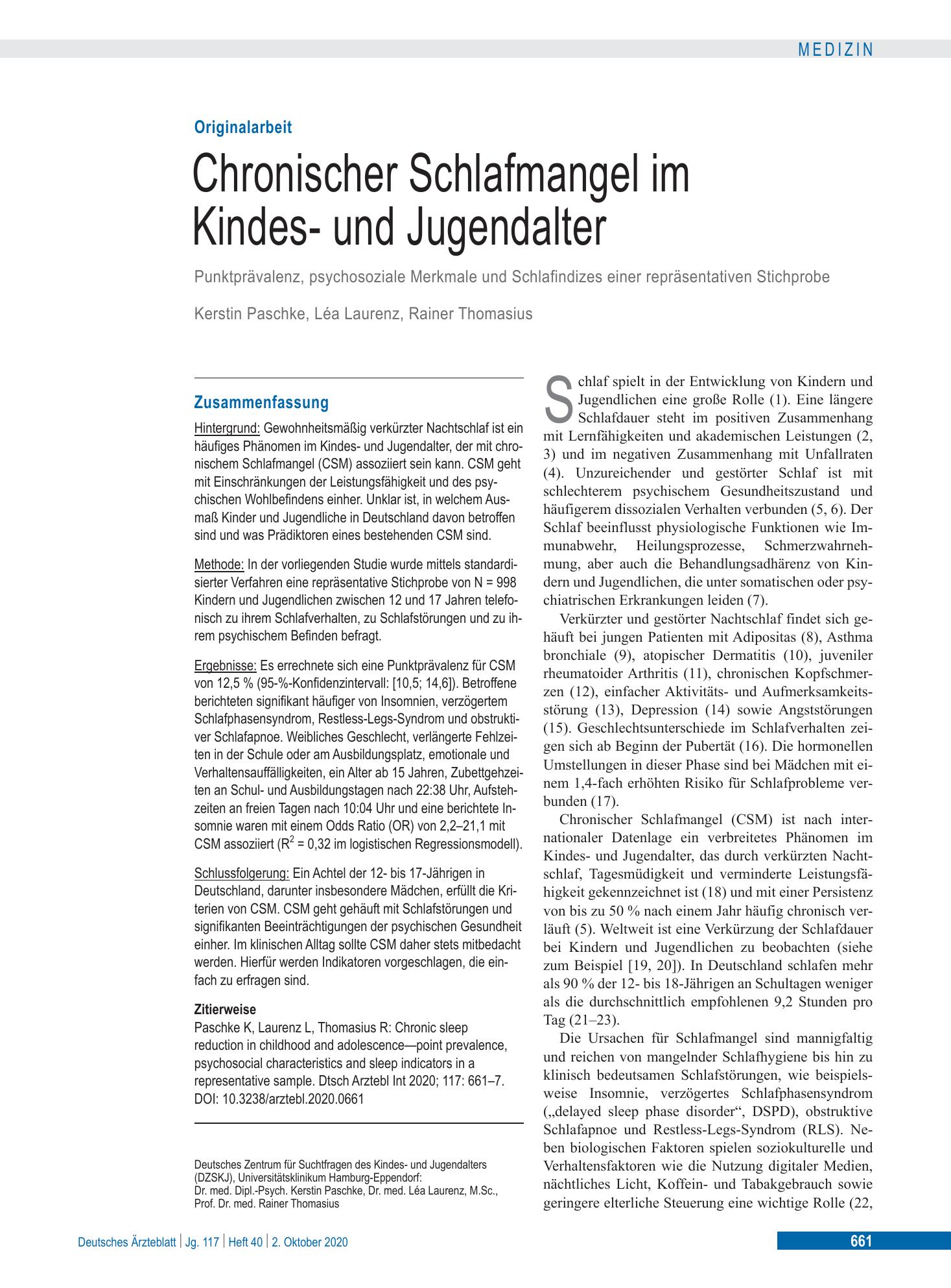 Vorschauseite 1: Chronischer Schlafmangel im Kindes- und Jugendalter – Deutsches Ärzteblatt