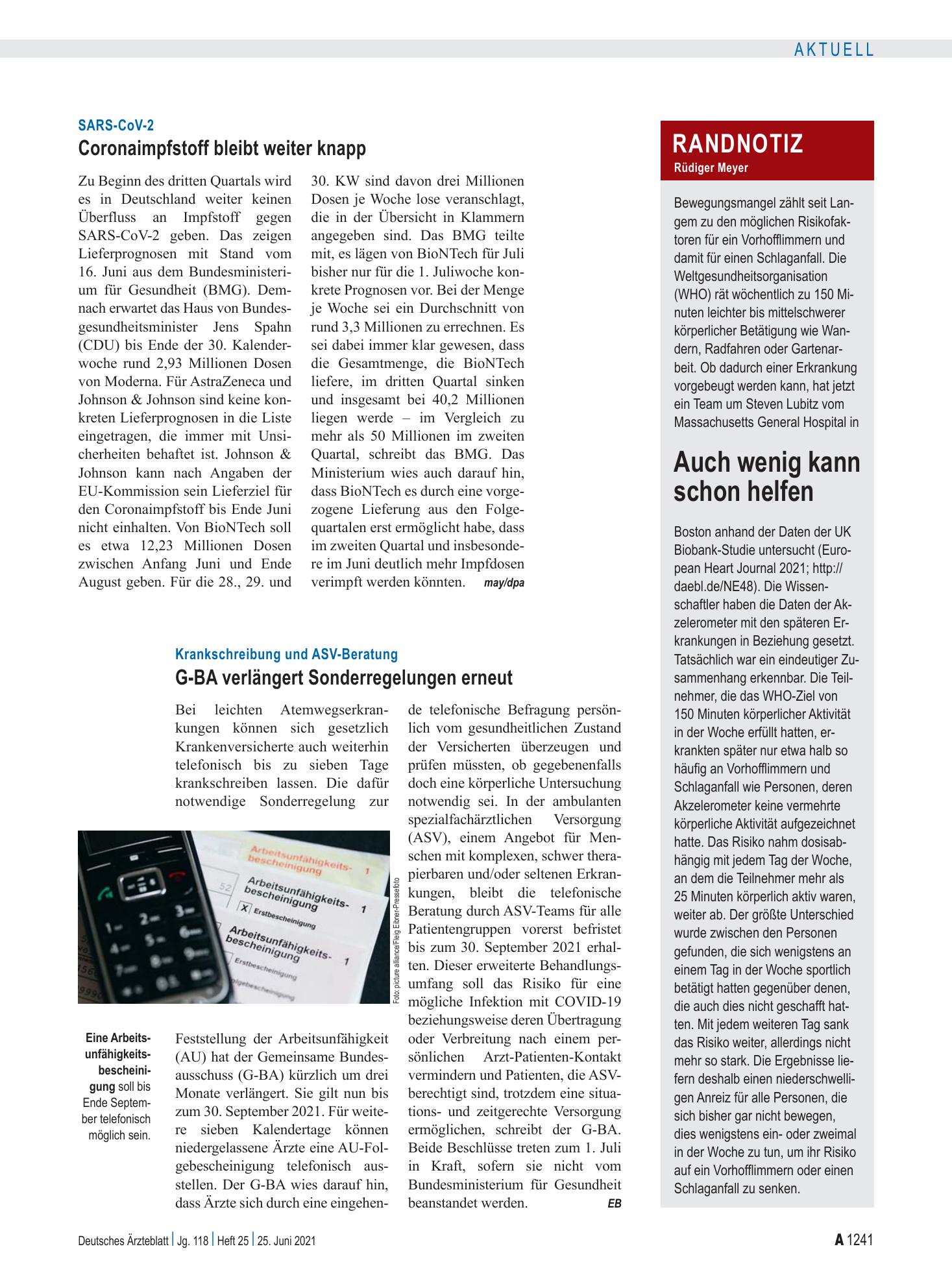Vorschauseite 1: SARS-CoV-2: Coronaimpfstoff bleibt weiter knapp – Deutsches Ärzteblatt