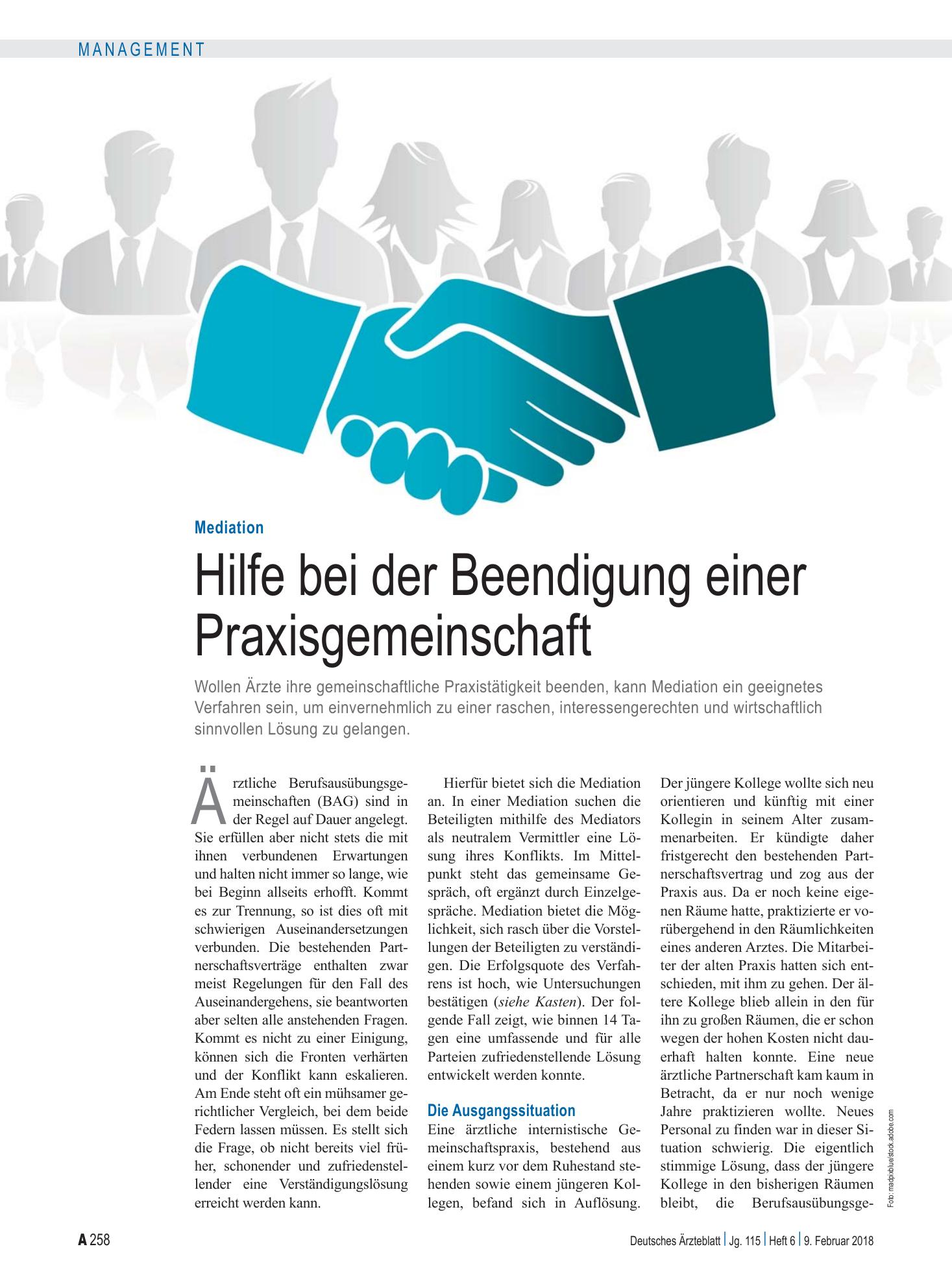 Vorschauseite 1: Mediation: Hilfe bei der Beendigung einer Praxisgemeinschaft – Deutsches Ärzteblatt