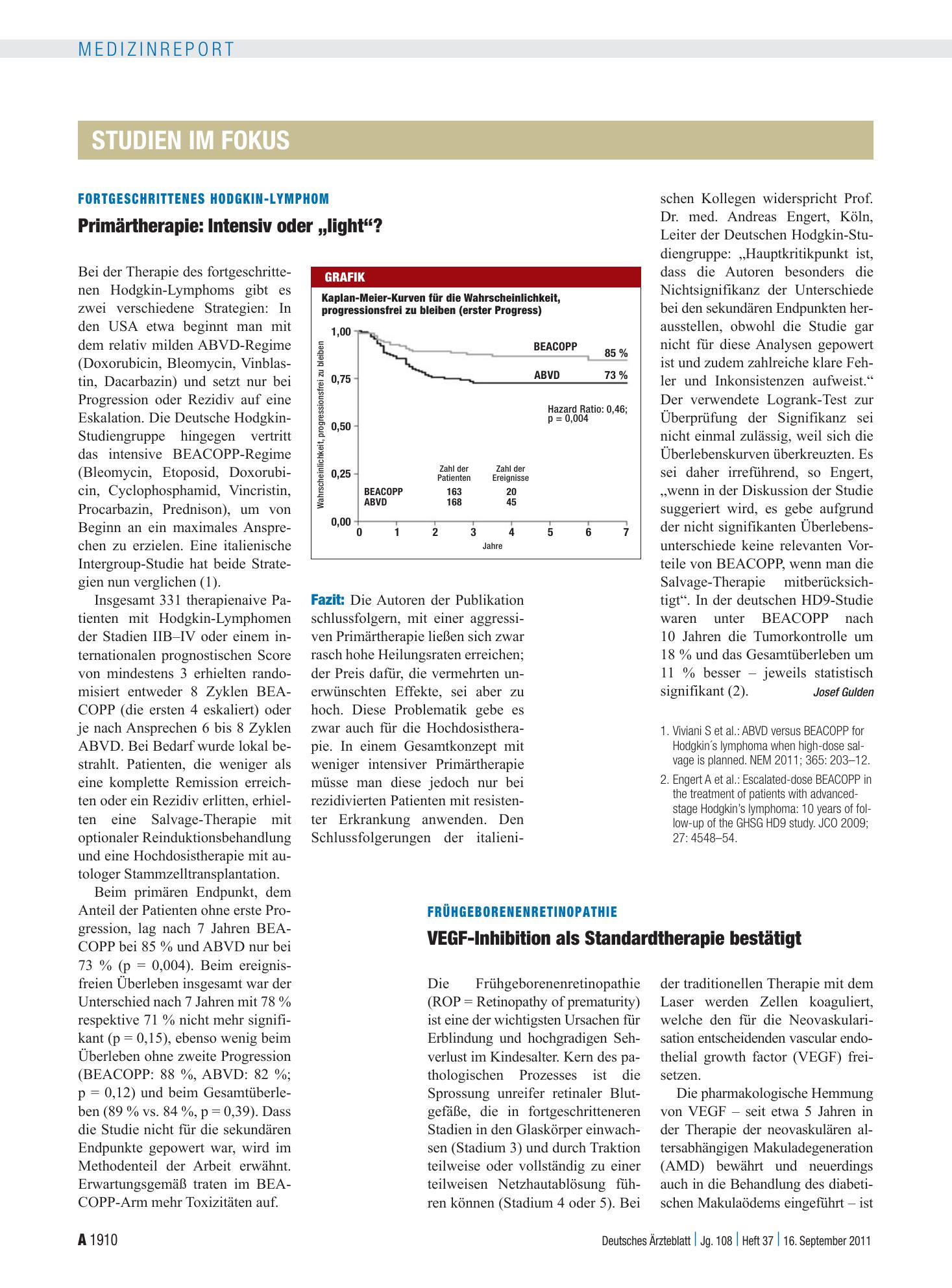 Vorschauseite 1: Fortgeschrittenes Hodgkin-Lymphom: Primärtherapie: Intensiv oder „light“? – Deutsches Ärzteblatt