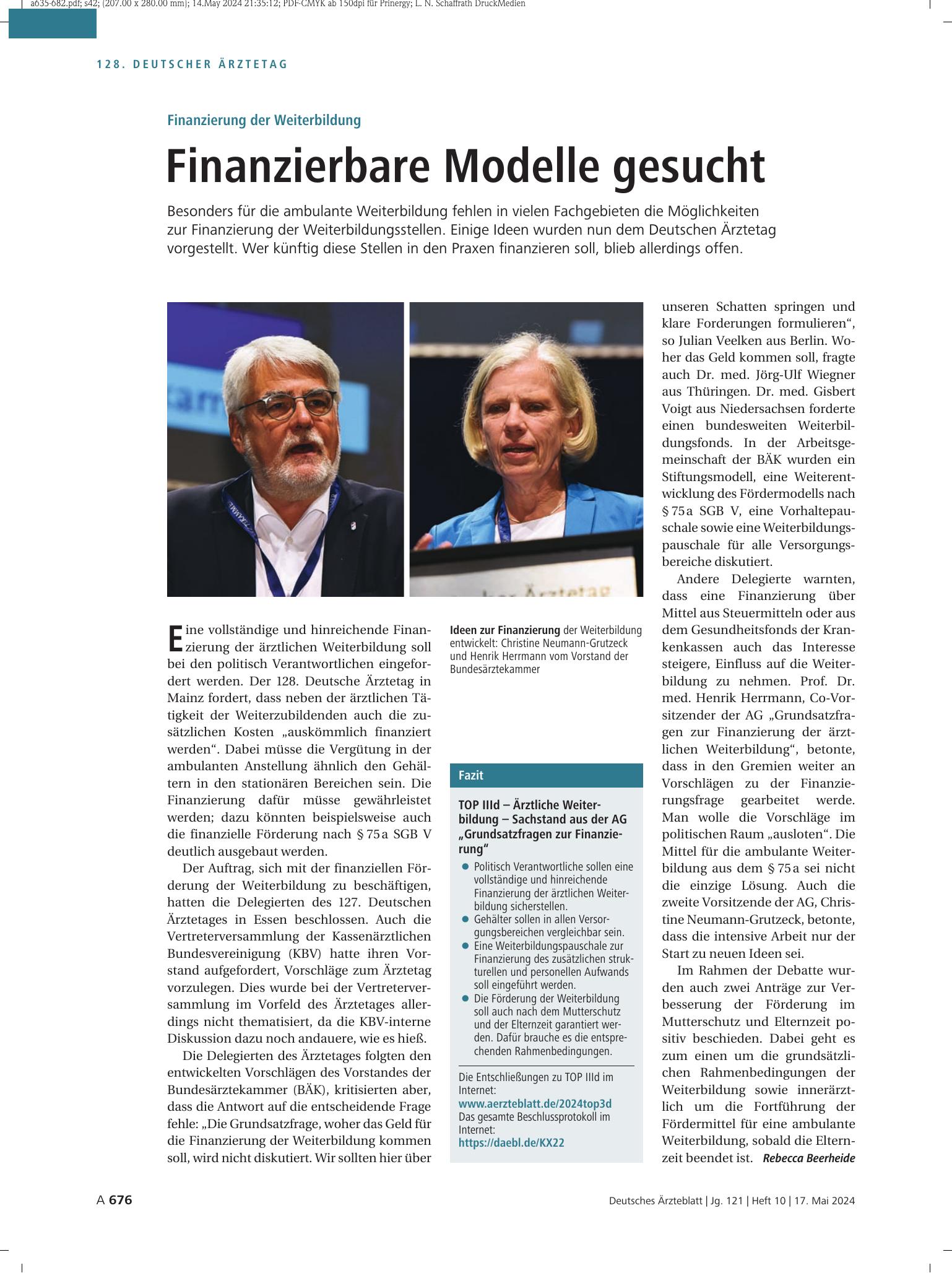 Vorschauseite 1: Finanzierung der Weiterbildung: Finanzierbare Modelle gesucht – Deutsches Ärzteblatt