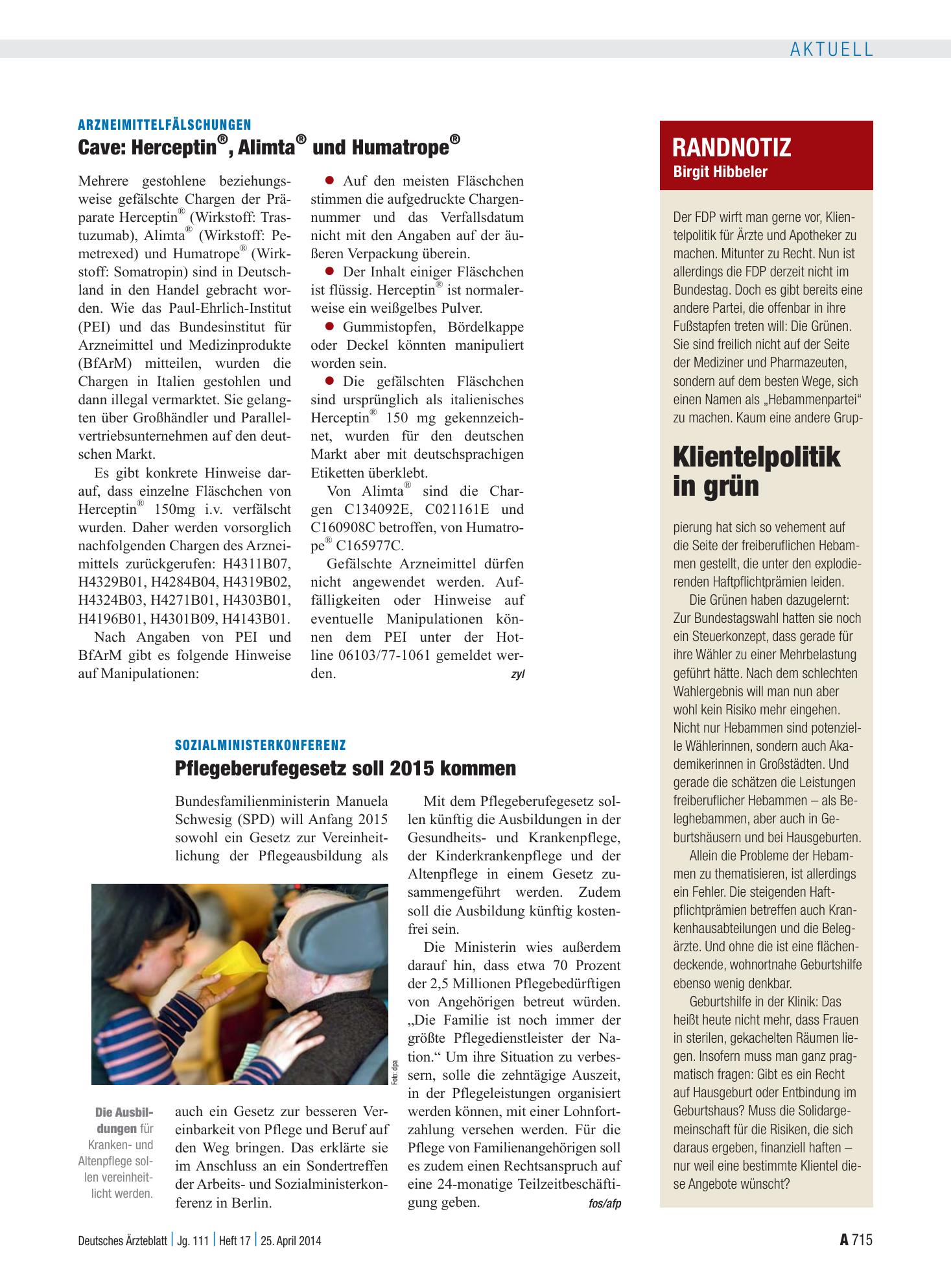 Vorschauseite 1: Sozialministerkonferenz: Pflegeberufegesetz soll 2015 kommen – Deutsches Ärzteblatt