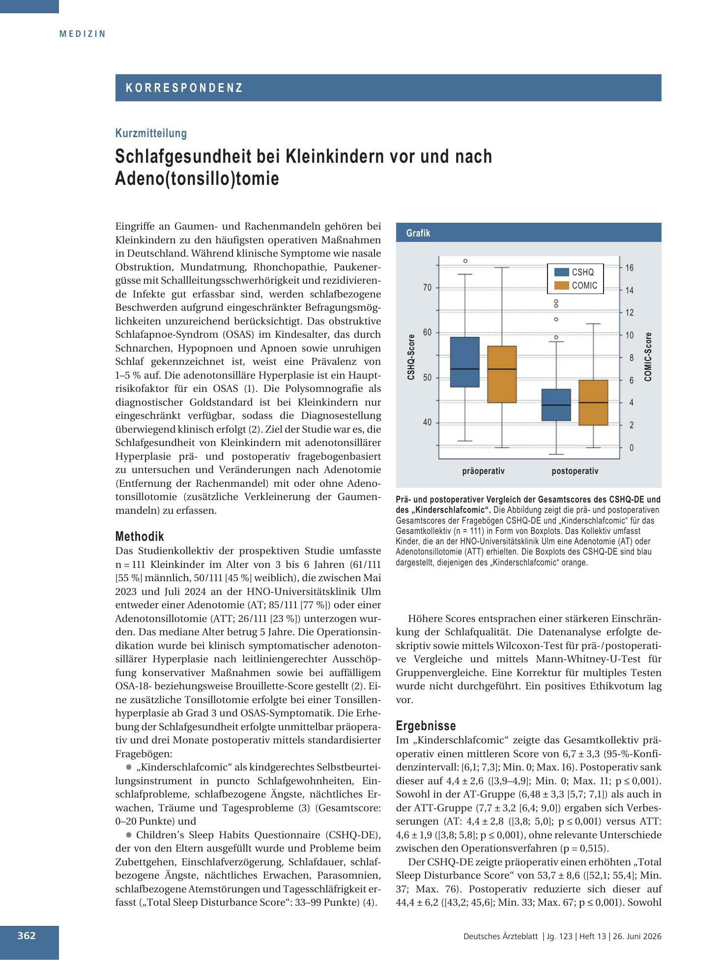 Vorschauseite 1: Schlafgesundheit bei Kleinkindern vor und nach Adeno(tonsillo)tomie – Deutsches Ärzteblatt