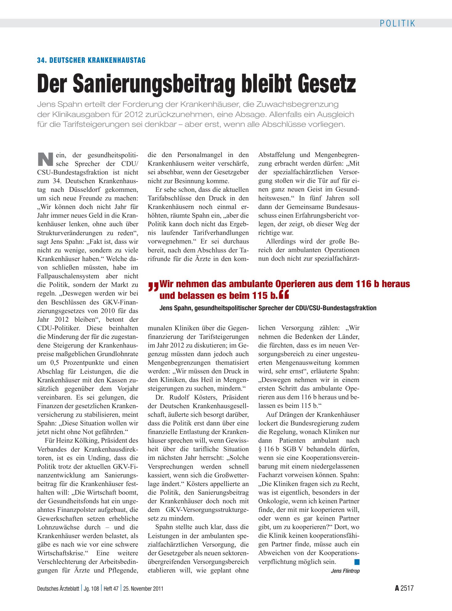Vorschauseite 1: 34. Deutscher Krankenhaustag: Der Sanierungsbeitrag bleibt Gesetz – Deutsches Ärzteblatt