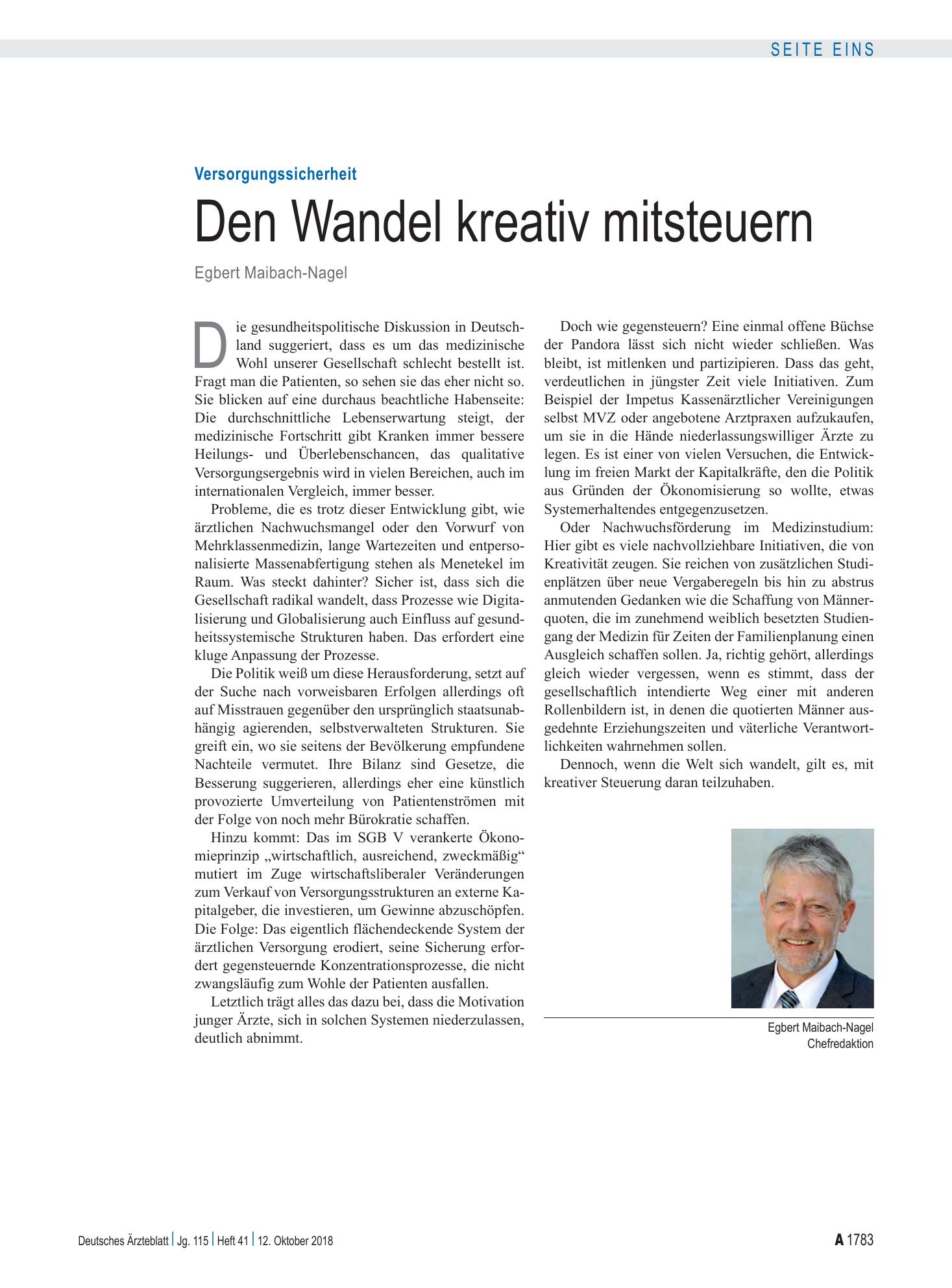 Vorschauseite 1: Versorgungssicherheit: Den Wandel kreativ mitsteuern – Deutsches Ärzteblatt
