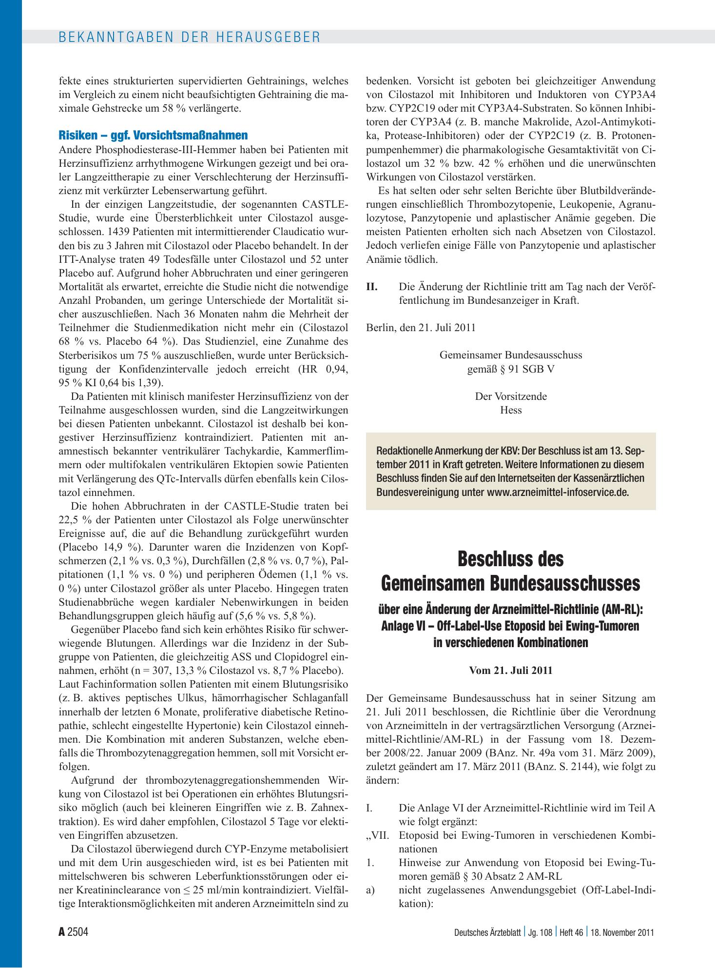 Vorschauseite 1: Beschluss des Gemeinsamen Bundesausschusses über eine Änderung der Arzneimittel-Richtlinie (AM-RL): Anlage VI – Off-Label-Use Etoposid bei Ewing-Tumoren in verschiedenen Kombinati…