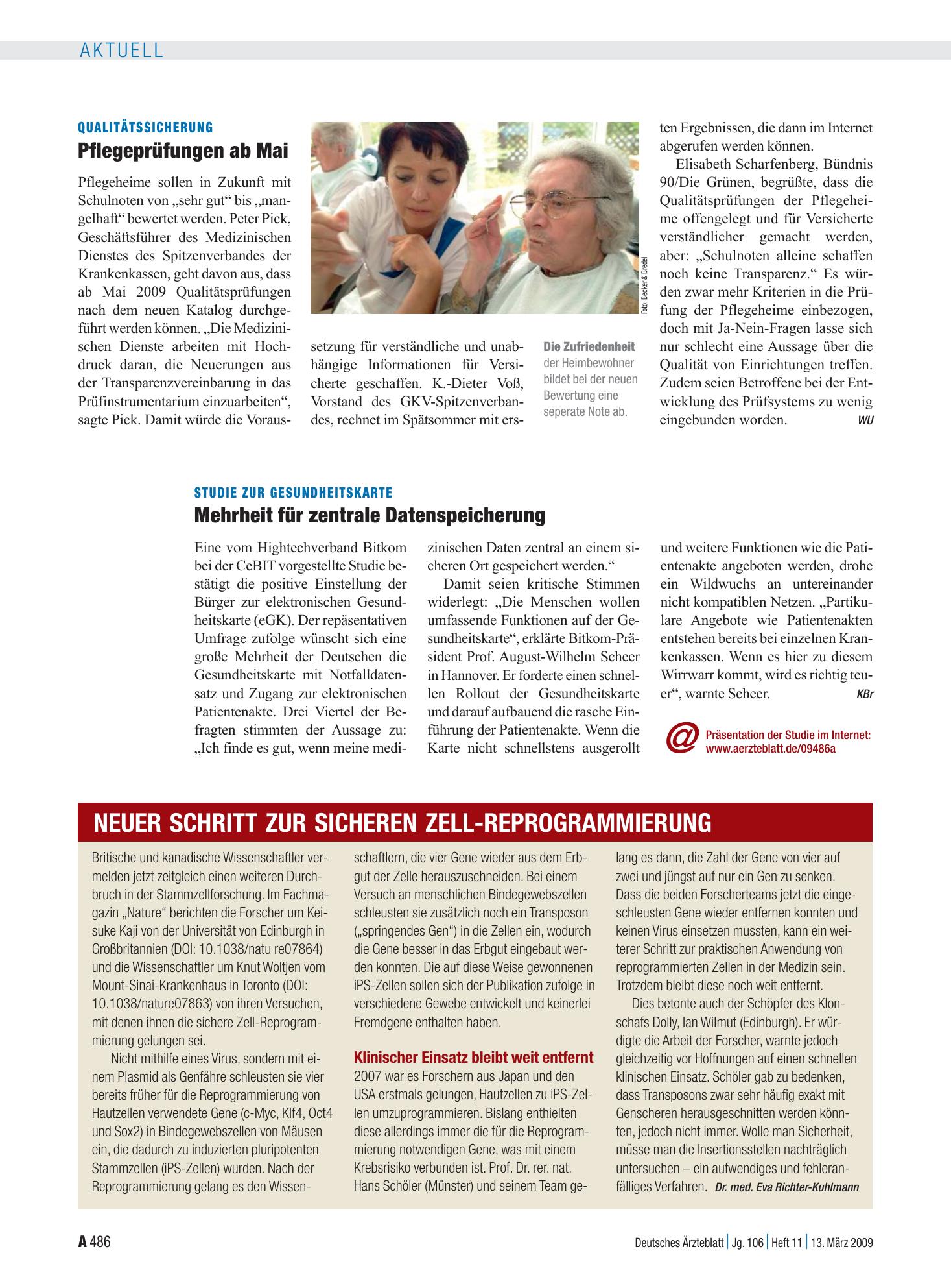 Vorschauseite 1: Qualitätssicherung: Pflegeprüfungen ab Mai – Deutsches Ärzteblatt