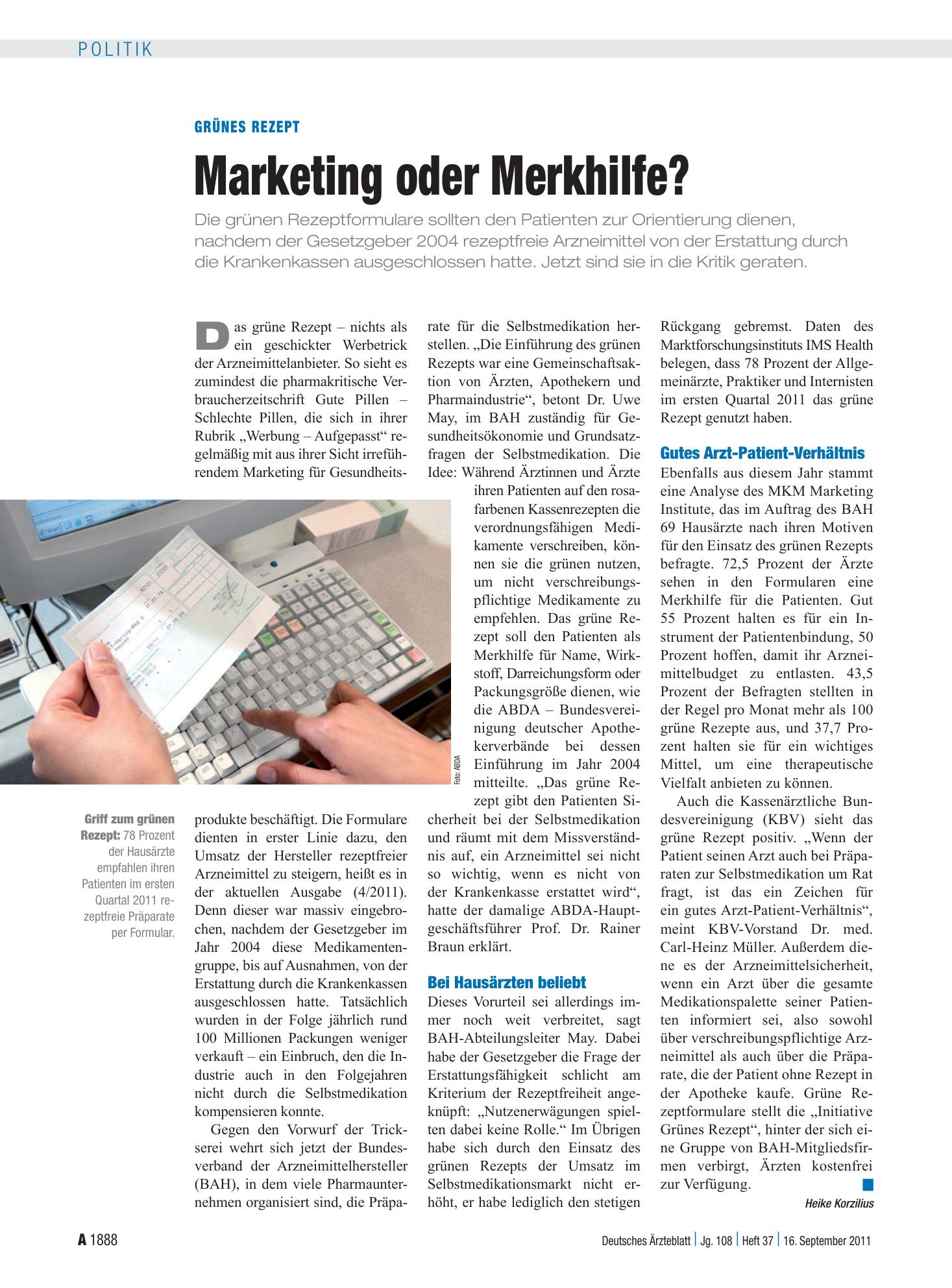 Vorschauseite 1: Grünes Rezept: Marketing oder Merkhilfe? – Deutsches Ärzteblatt