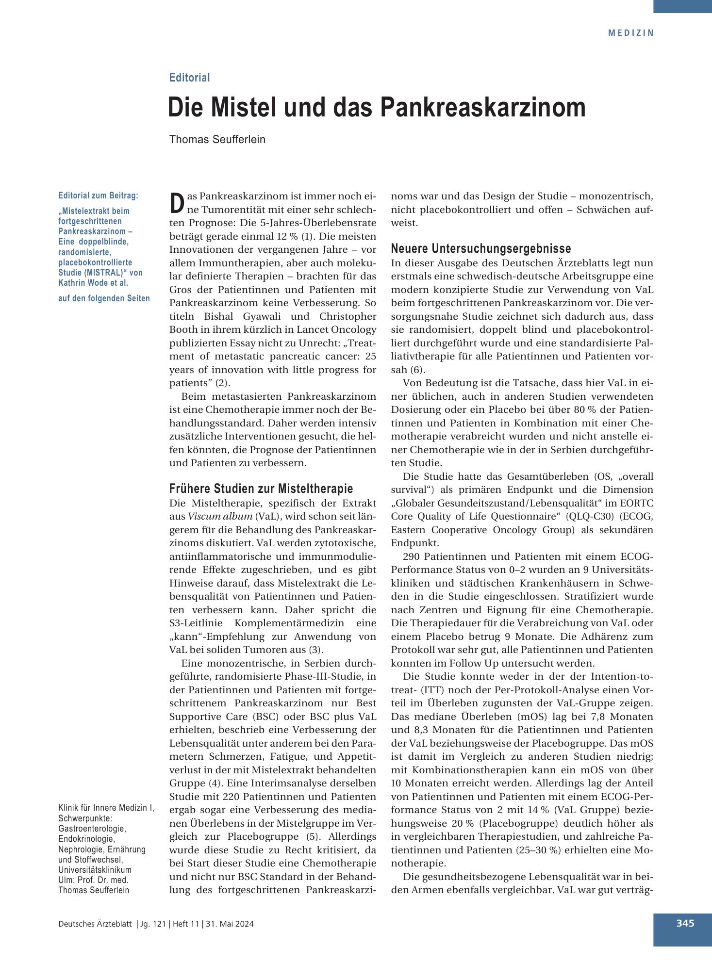 Vorschauseite 1: Mistelextrakt beim fortgeschrittenen Pankreaskarzinom – Deutsches Ärzteblatt