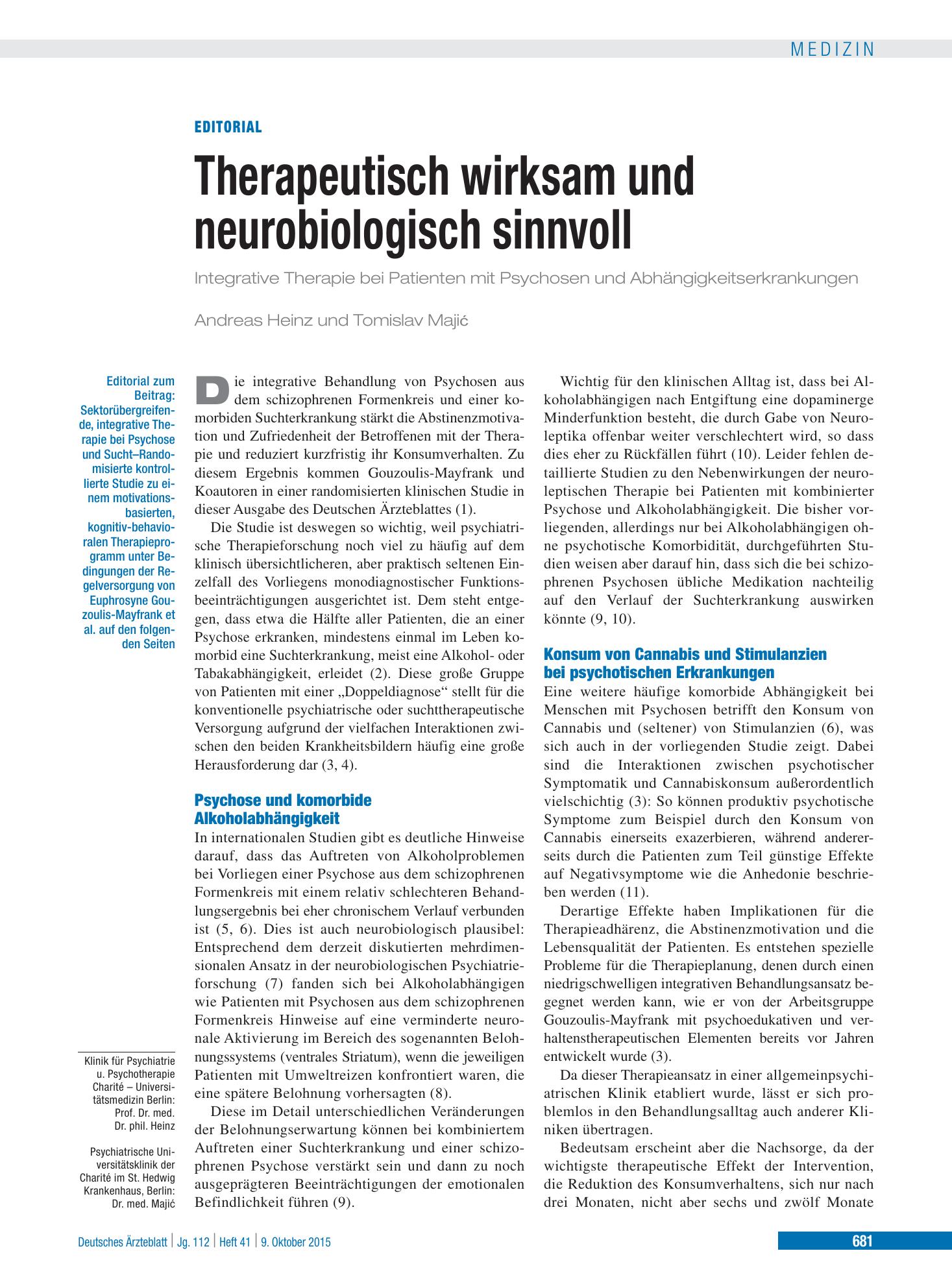 Vorschauseite 1: Therapeutisch wirksam und neurobiologisch sinnvoll – Deutsches Ärzteblatt