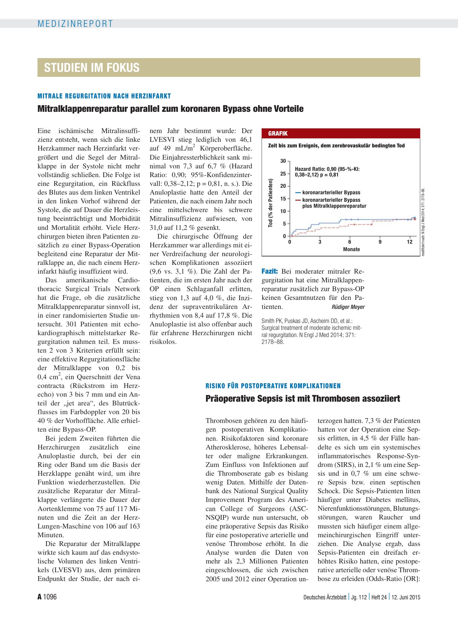 Vorschauseite 1: Mitrale Regurgitation nach Herzinfarkt: Mitralklappenreparatur parallel zum koronaren Bypass ohne Vorteile – Deutsches Ärzteblatt