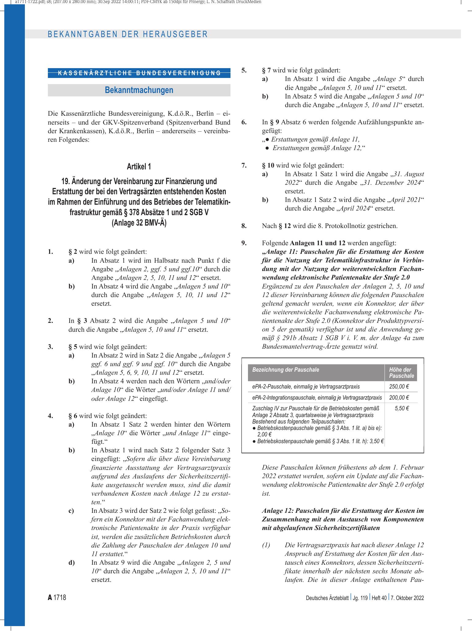 Vorschauseite 1: 19. Änderung der Vereinbarung zur Finanzierung und Erstattung der bei den Vertragsärzten entstehenden Kosten im Rahmen der Einführung und des Betriebes der Telematikinfrastruktur…