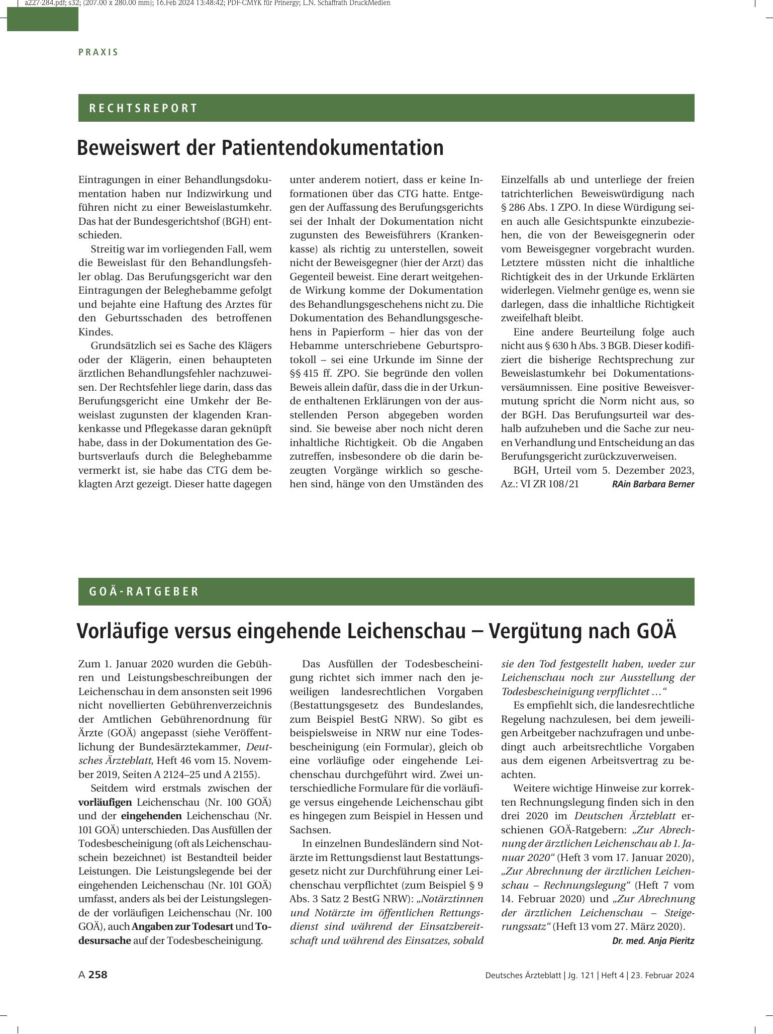 Vorschauseite 1: Beweiswert der Patientendokumentation – Deutsches Ärzteblatt