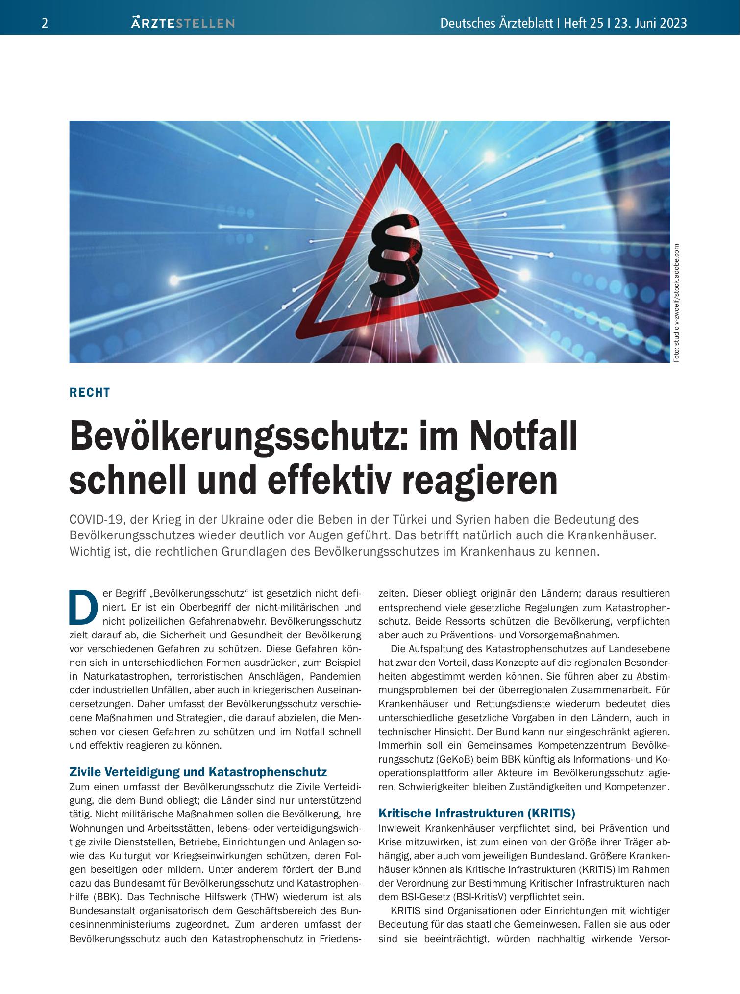 Vorschauseite 1: Recht: Bevölkerungsschutz — im Notfall schnell und effektiv reagieren – Deutsches Ärzteblatt