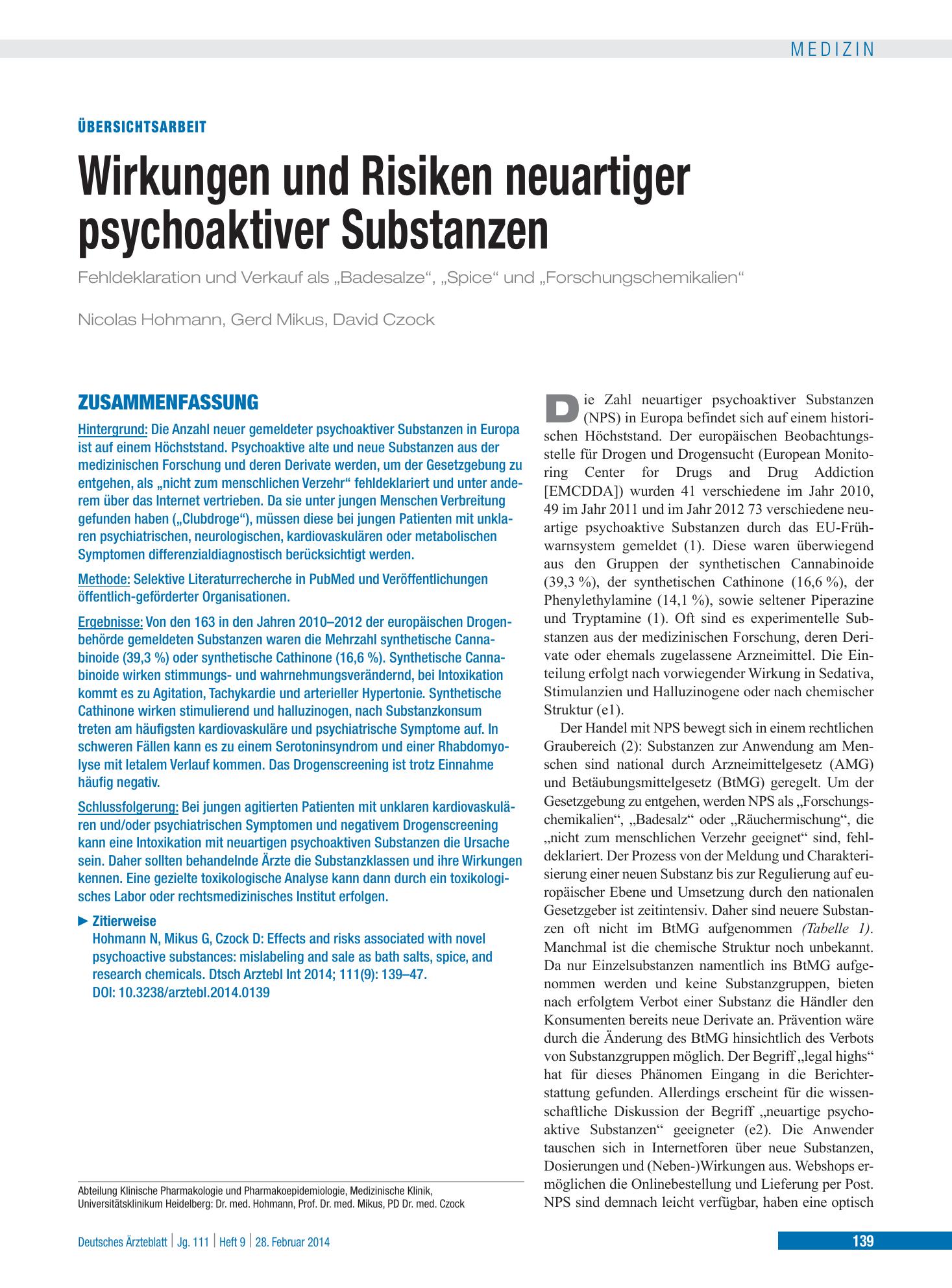 Vorschauseite 1: Wirkungen und Risiken neuartiger psychoaktiver Substanzen – Deutsches Ärzteblatt