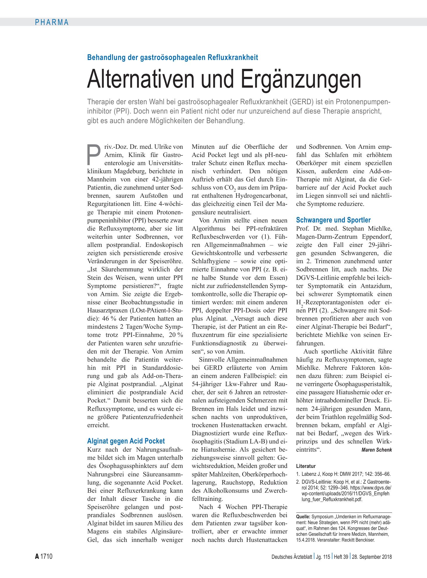Vorschauseite 1: Behandlung der gastroösophagealen Refluxkrankheit: Alternativen und Ergänzungen – Deutsches Ärzteblatt