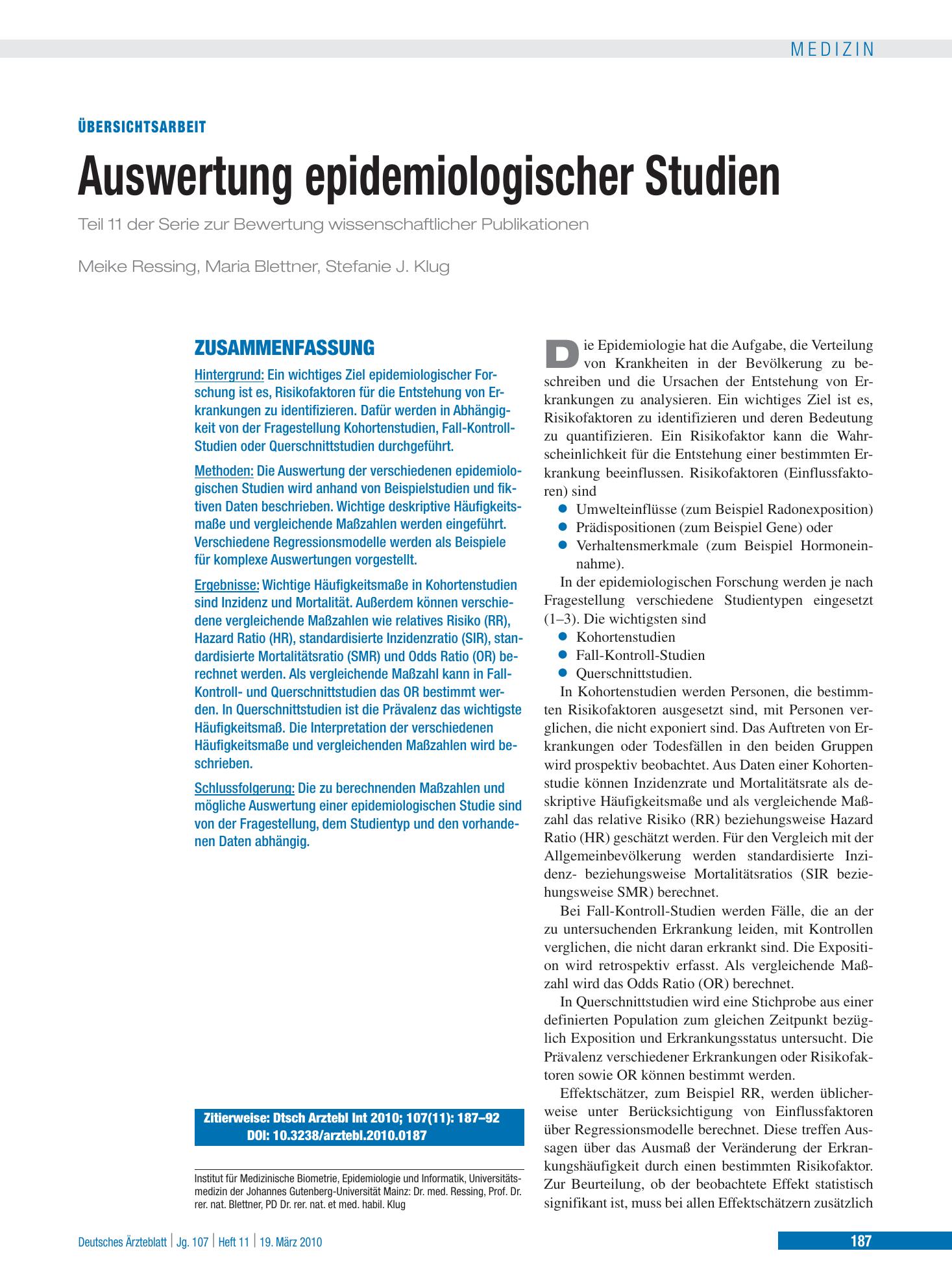 Vorschauseite 1: Auswertung epidemiologischer Studien – Deutsches Ärzteblatt