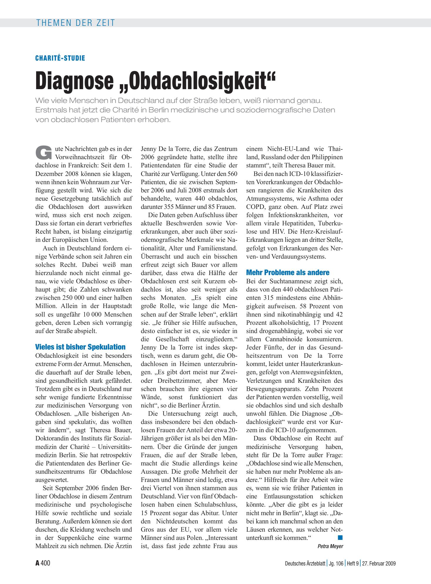 Vorschauseite 1: Charité-Studie: Diagnose „Obdachlosigkeit“ – Deutsches Ärzteblatt