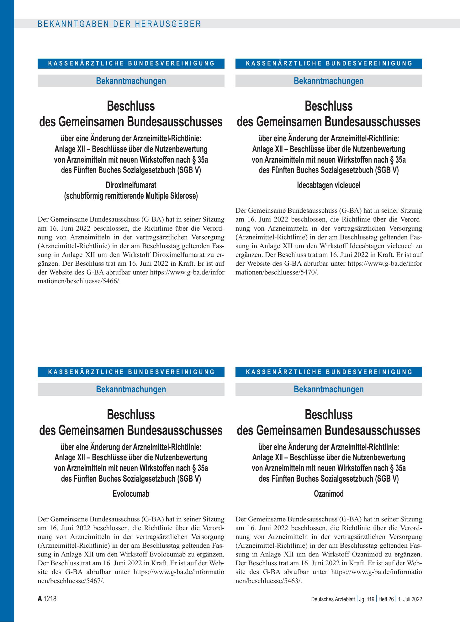 Vorschauseite 1: Beschluss des Gemeinsamen Bundesausschusses über eine Änderung der Arzneimittel-Richtlinie: Anlage XII – Evolocumab – Deutsches Ärzteblatt