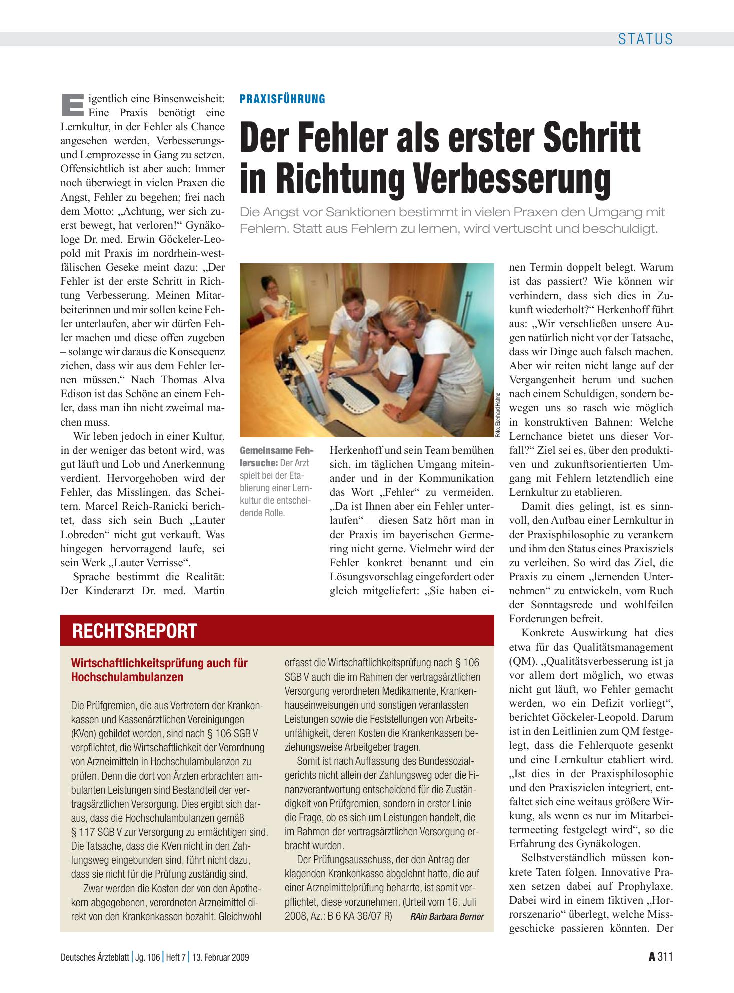 Vorschauseite 1: Praxisführung: Der Fehler als erster Schritt in Richtung Verbesserung – Deutsches Ärzteblatt