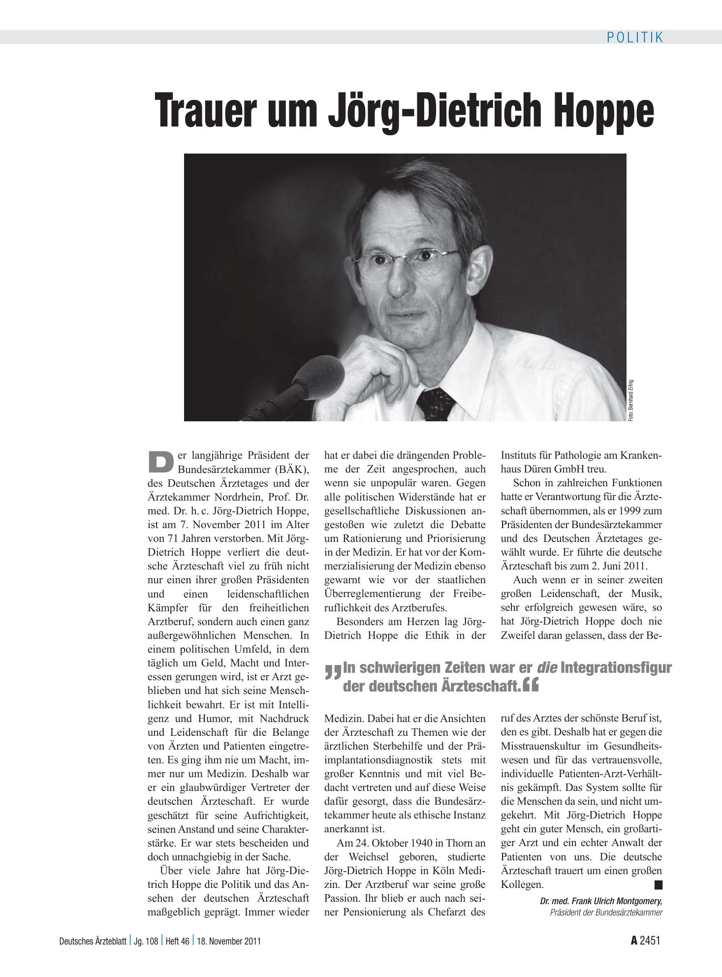 Vorschauseite 1: Trauer um Jörg-Dietrich Hoppe – Deutsches Ärzteblatt