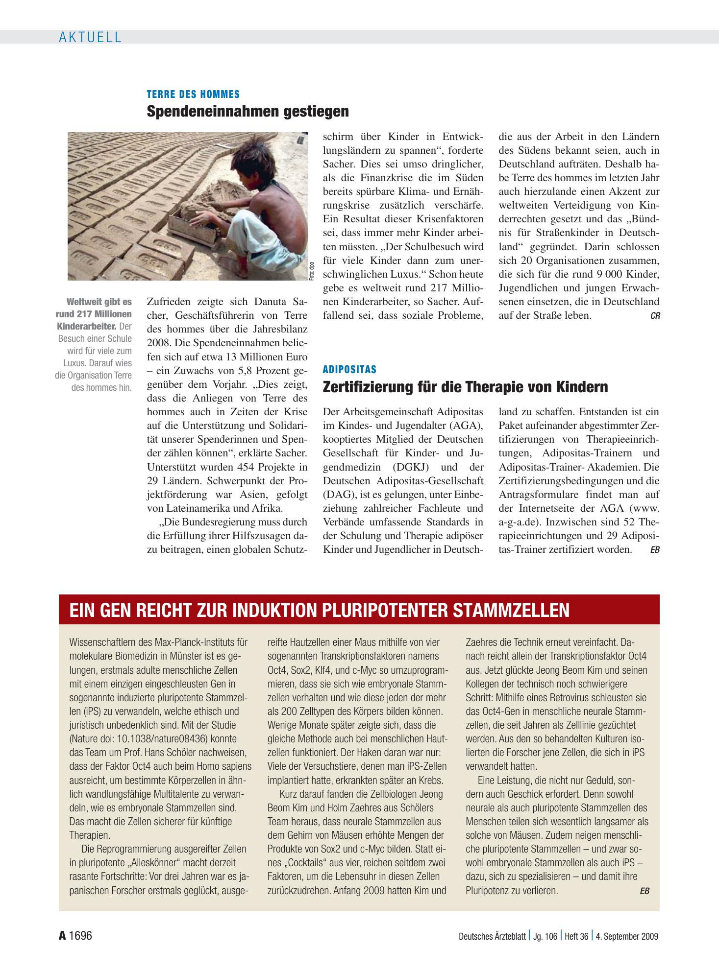 Vorschauseite 1: Ein Gen reicht zur Induktion pluripotenter Stammzellen – Deutsches Ärzteblatt