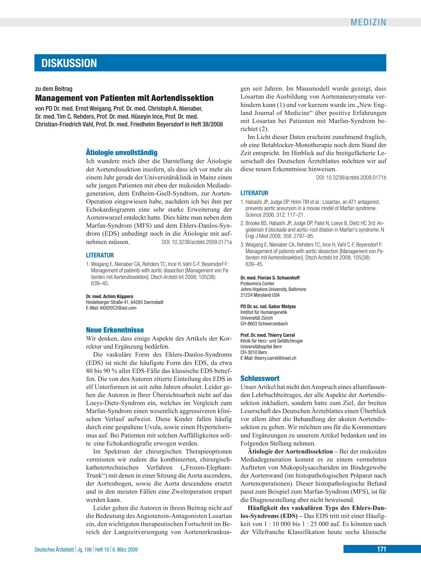 Vorschauseite 1: Management von Patienten mit Aortendissektion: Schlusswort – Deutsches Ärzteblatt