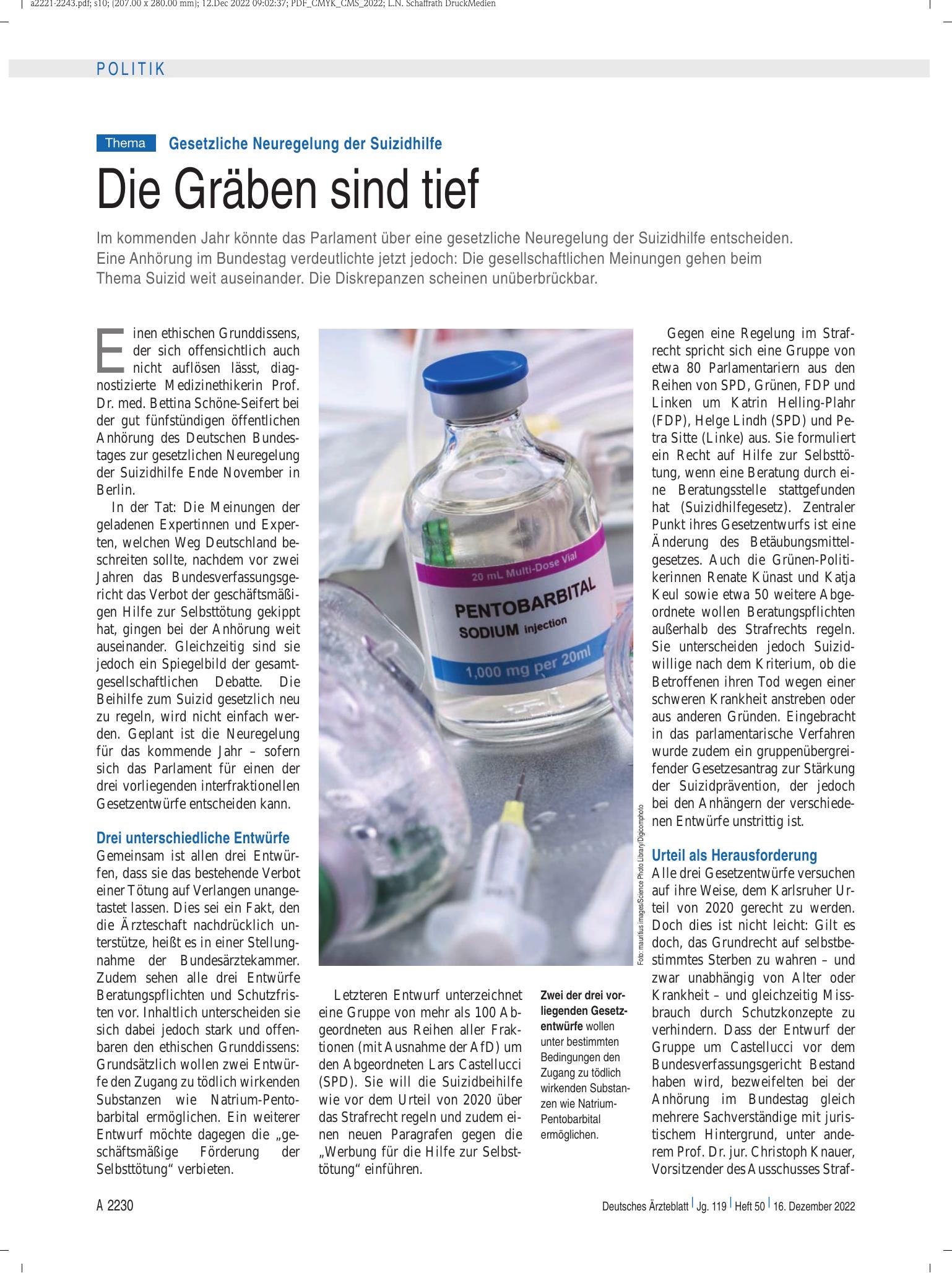 Vorschauseite 1: Gesetzliche Neuregelung der Suizidhilfe: Die Gräben sind tief – Deutsches Ärzteblatt