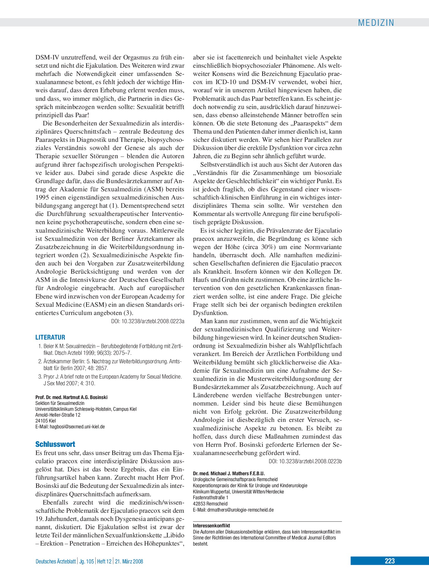 Vorschauseite 1: Einführung in die Diagnostik und Therapie der Ejaculatio praecox: Schlusswort – Deutsches Ärzteblatt